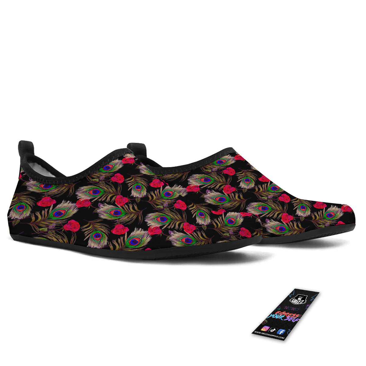 Floral Peacock Feather Print Pattern Water Shoes-grizzshop