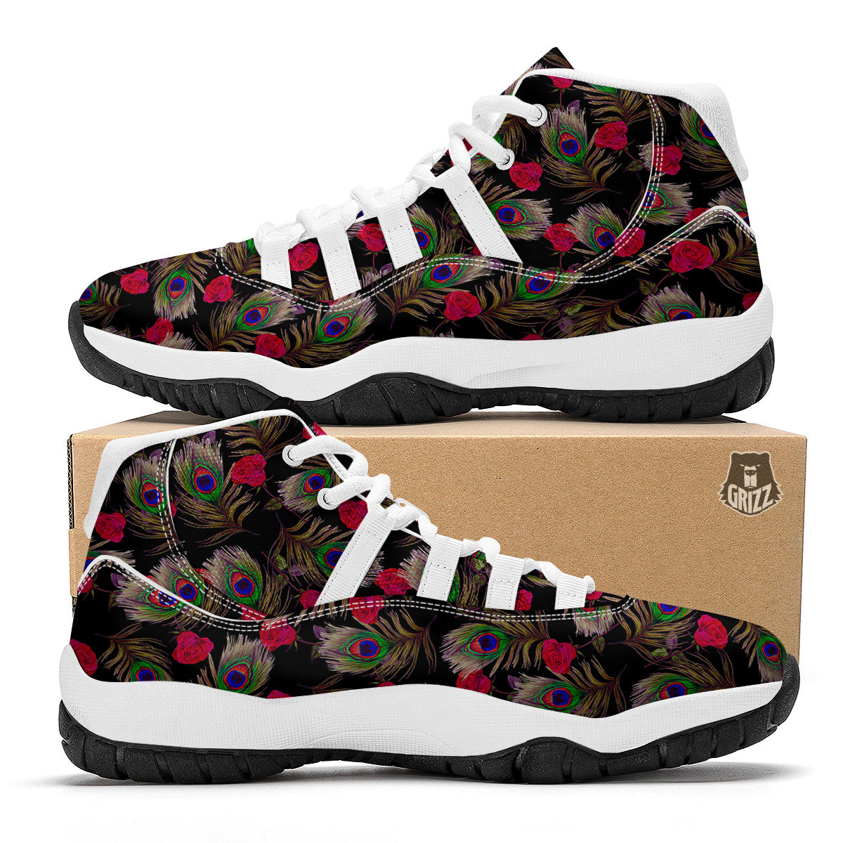 Floral Peacock Feather Print Pattern White Bball Shoes-grizzshop
