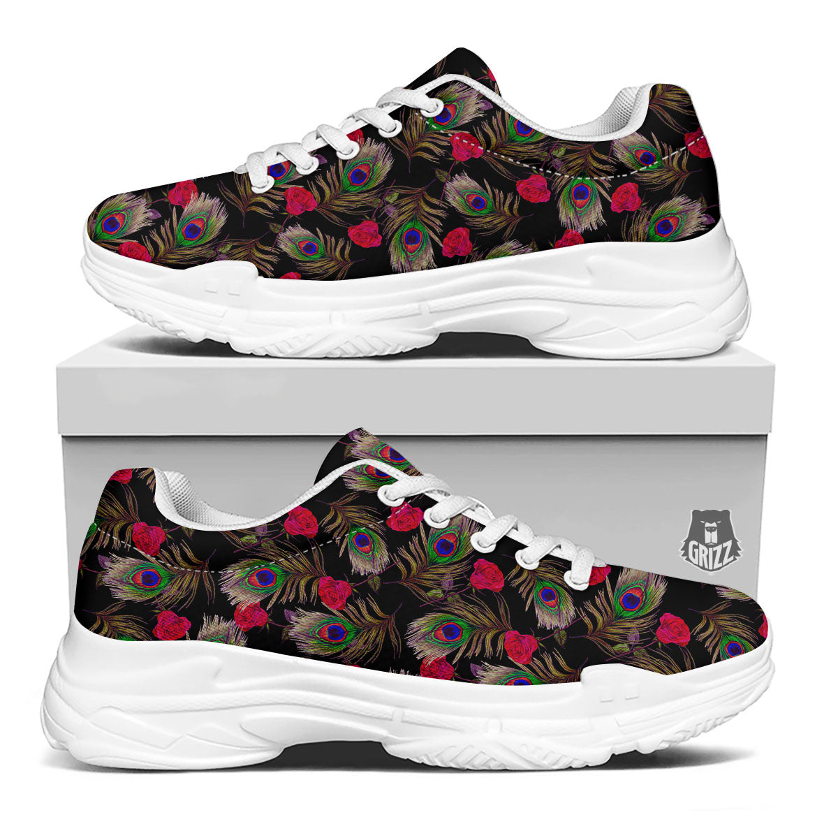 Floral Peacock Feather Print Pattern White Chunky Shoes-grizzshop