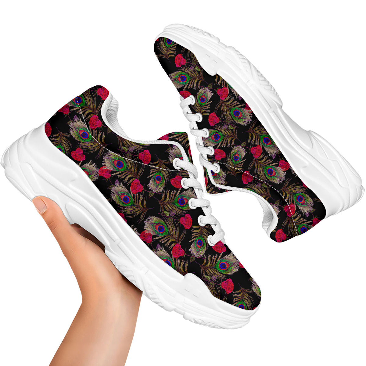 Floral Peacock Feather Print Pattern White Chunky Shoes-grizzshop