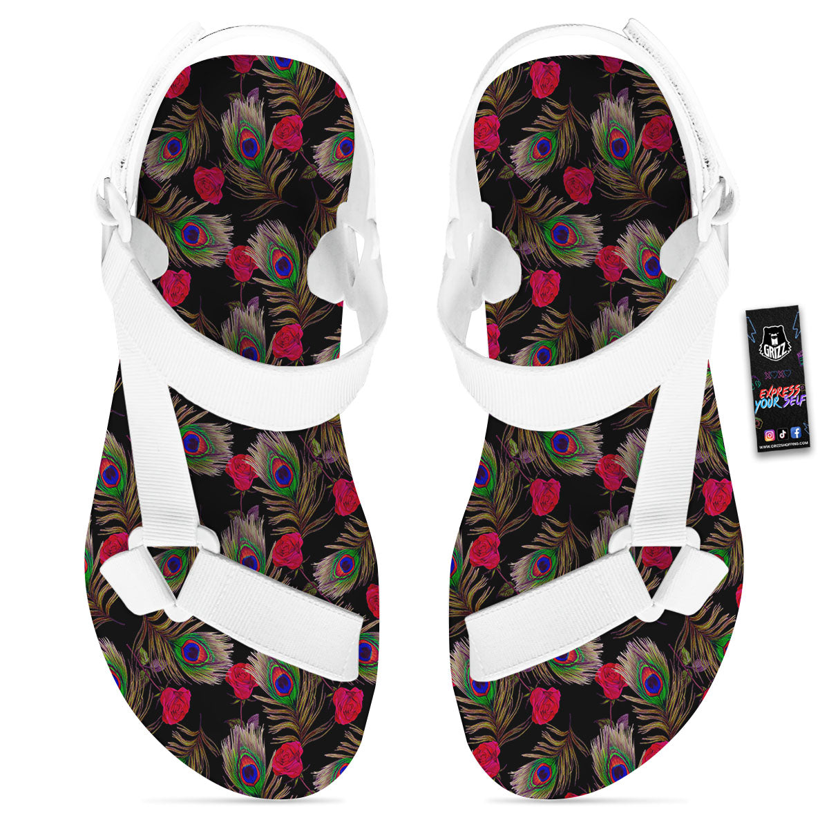 Floral Peacock Feather Print Pattern White Open Toe Sandals-grizzshop