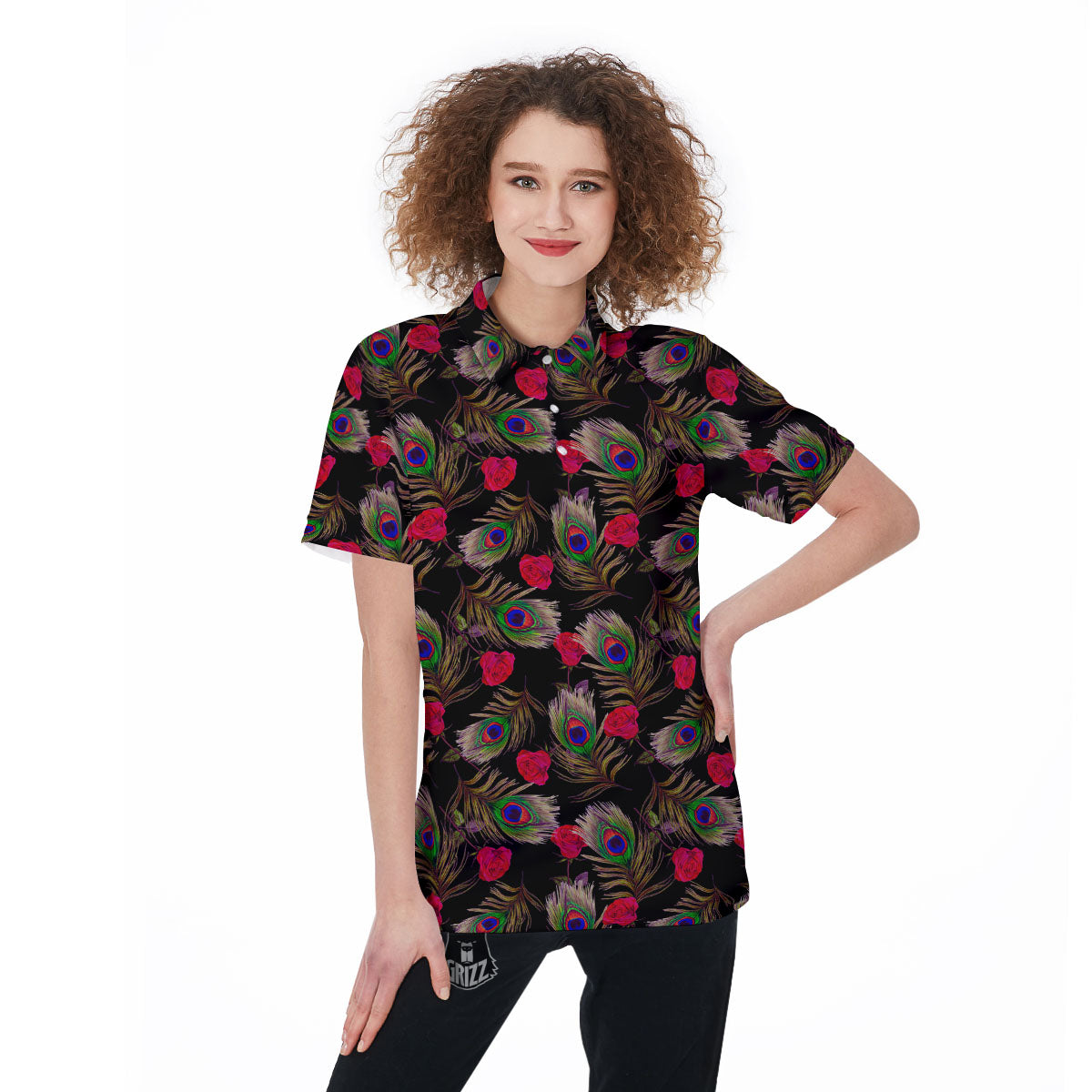 Floral Peacock Feather Print Pattern Women's Golf Shirts-grizzshop