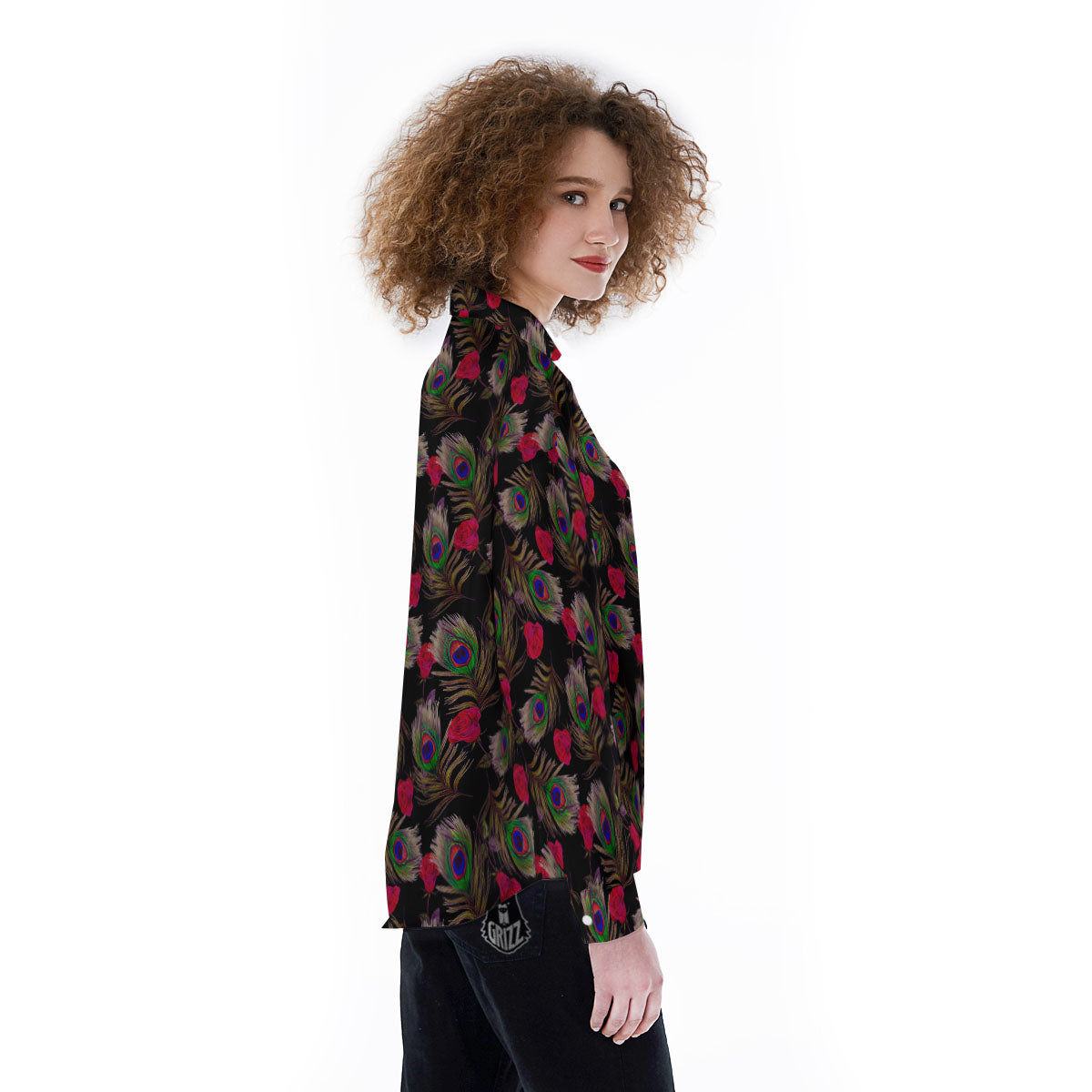 Floral Peacock Feather Print Pattern Women's Long Sleeve Shirts-grizzshop