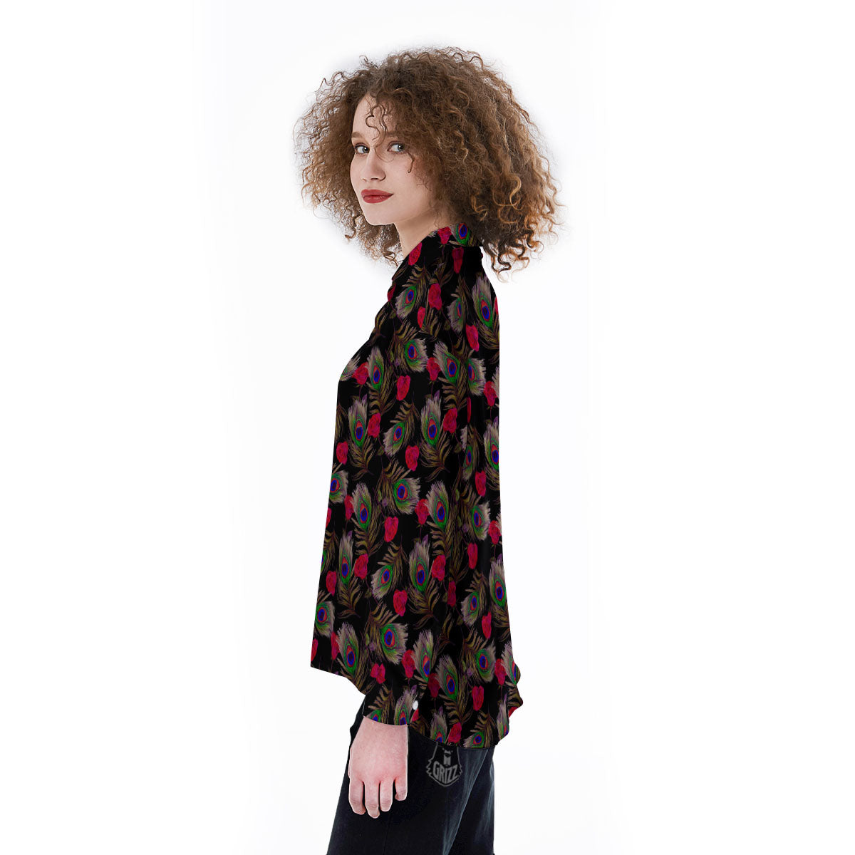 Floral Peacock Feather Print Pattern Women's Long Sleeve Shirts-grizzshop