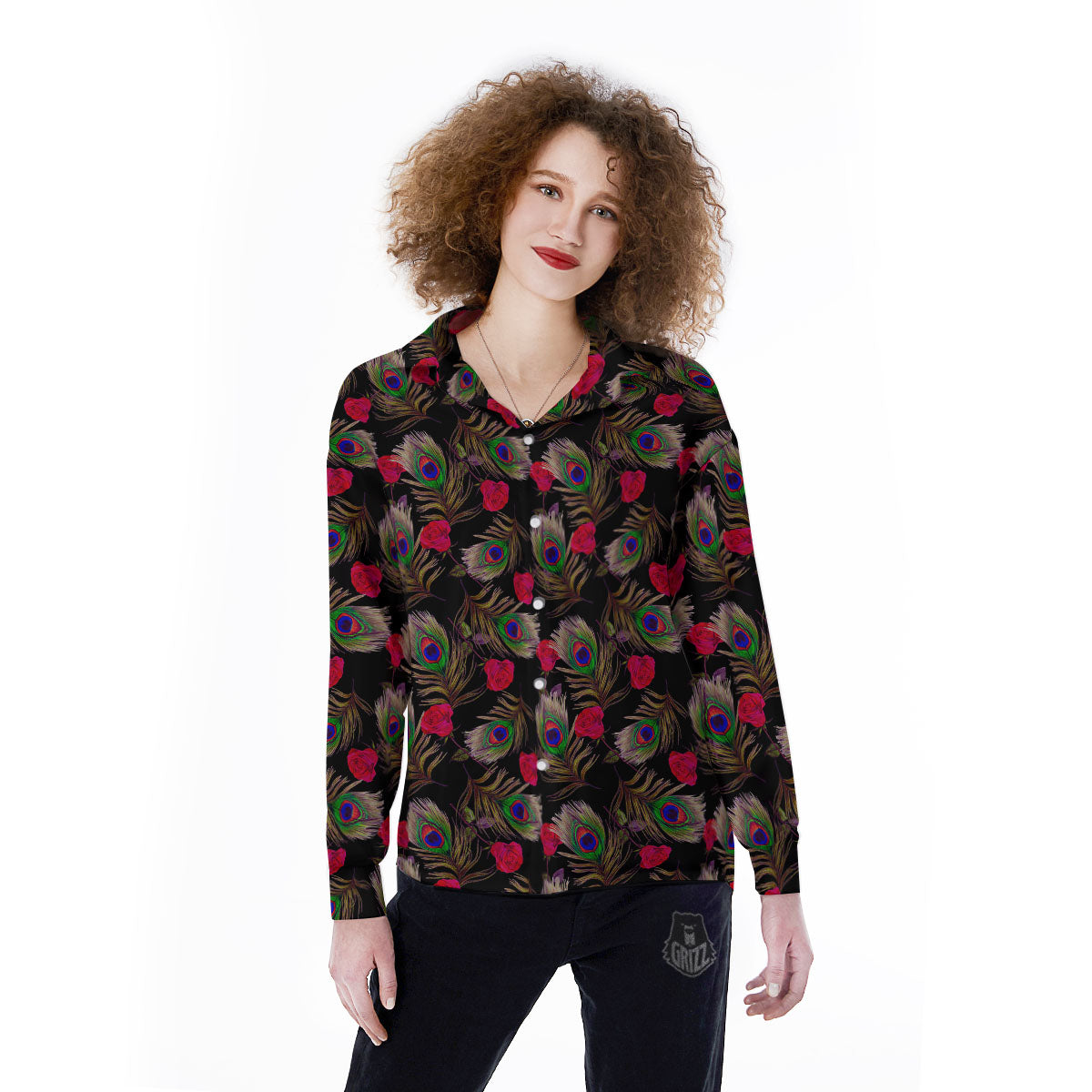 Floral Peacock Feather Print Pattern Women's Long Sleeve Shirts-grizzshop