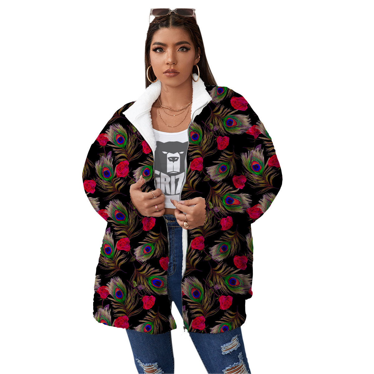 Floral Peacock Feather Print Pattern Women's Sherpa Jacket-grizzshop