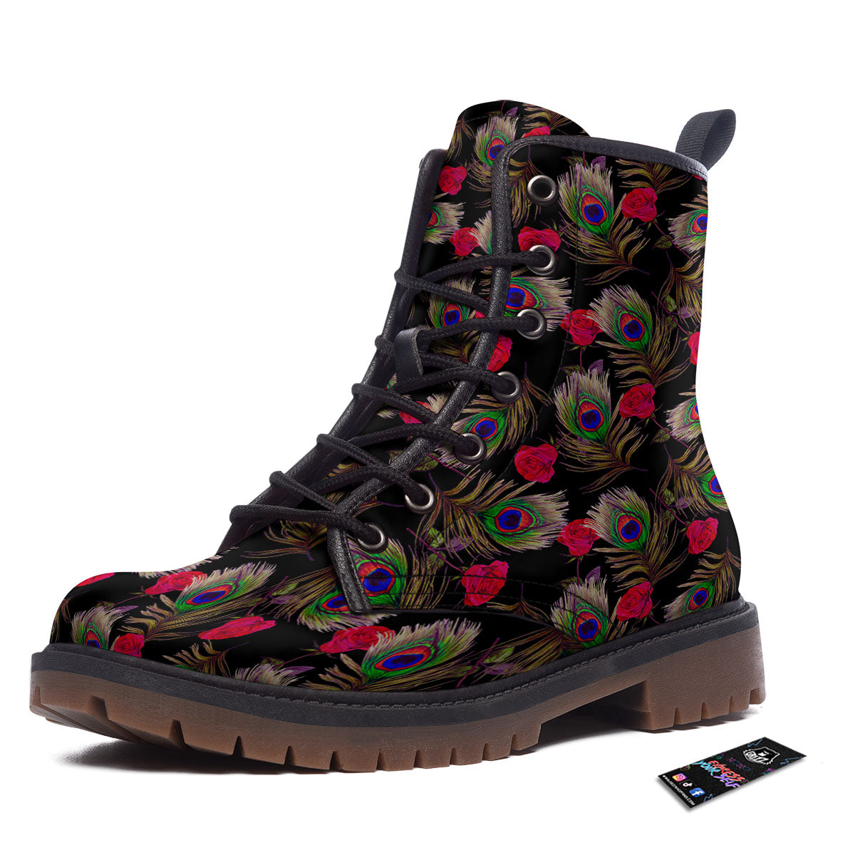 Floral Peacock Feather Print Pattern Work Boots-grizzshop