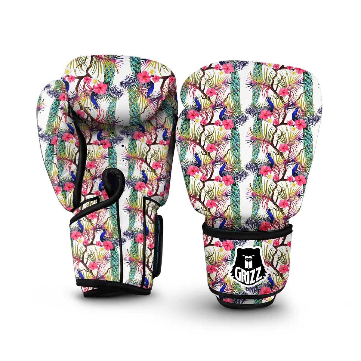 Floral Peacock Print Boxing Gloves-grizzshop