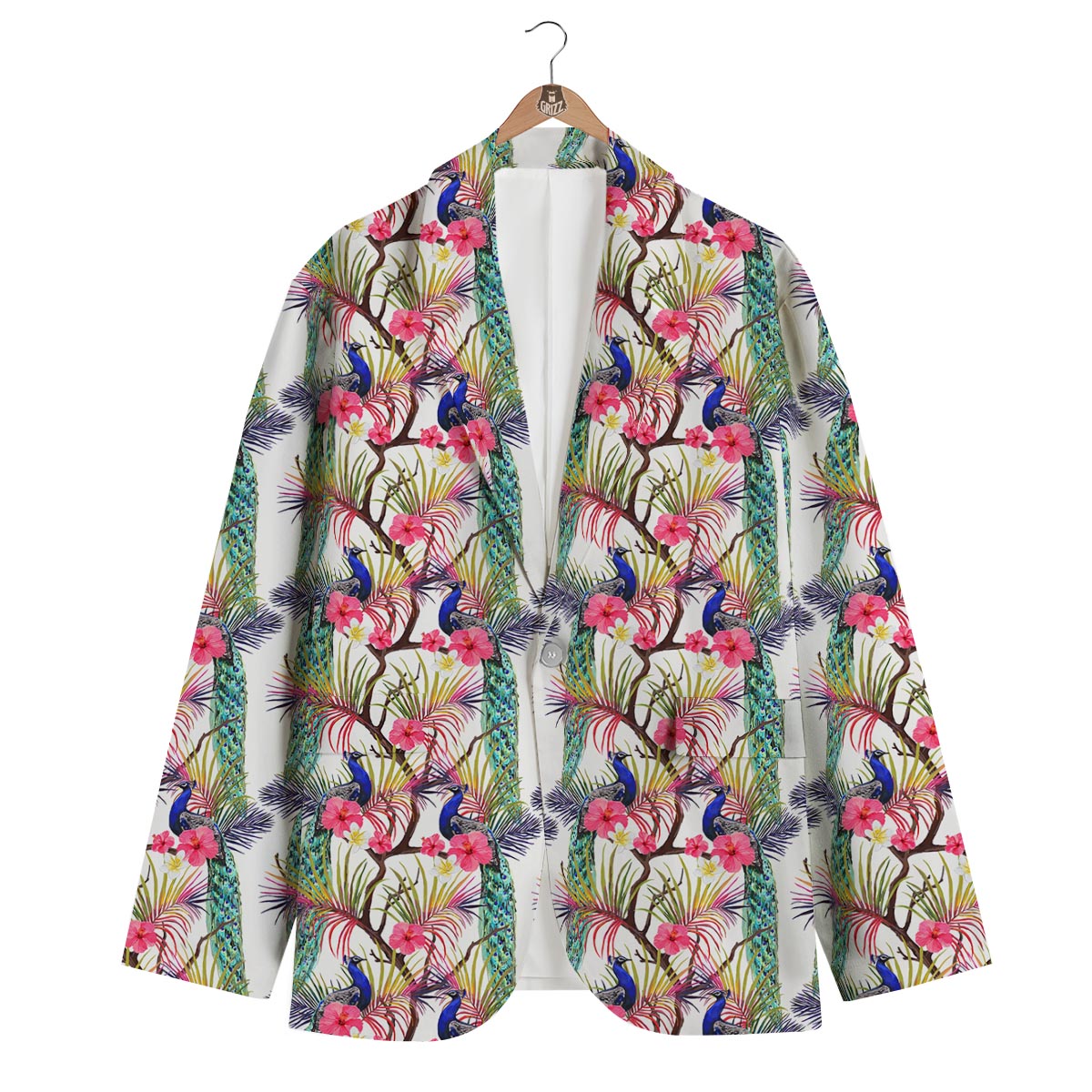 Floral Peacock Print Men's Blazer-grizzshop