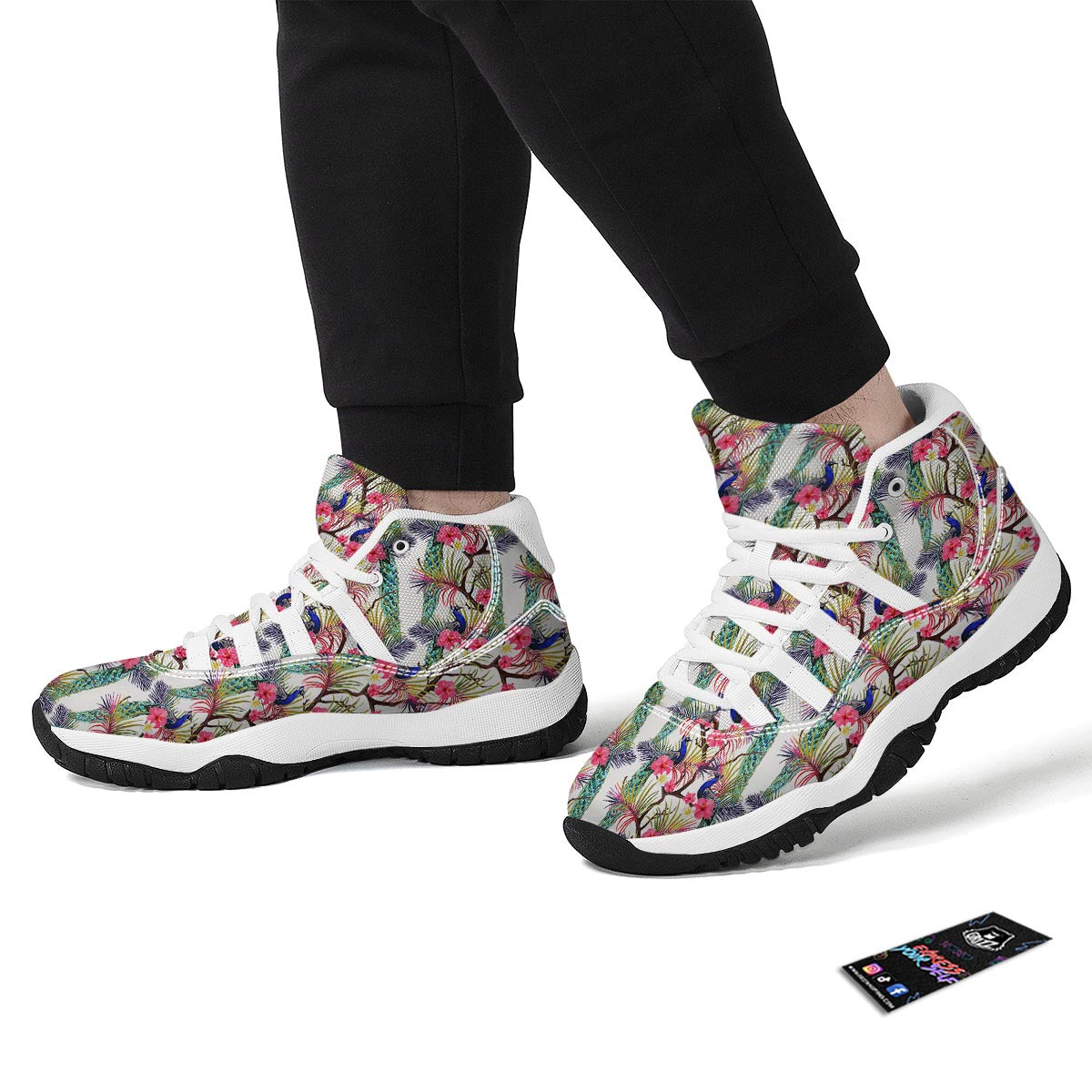 Floral Peacock Print White Bball Shoes-grizzshop