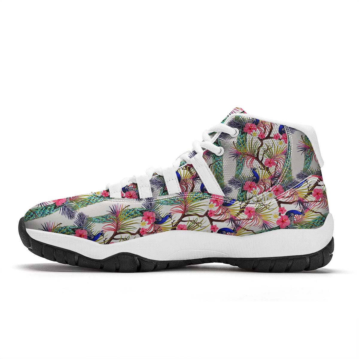 Floral Peacock Print White Bball Shoes-grizzshop