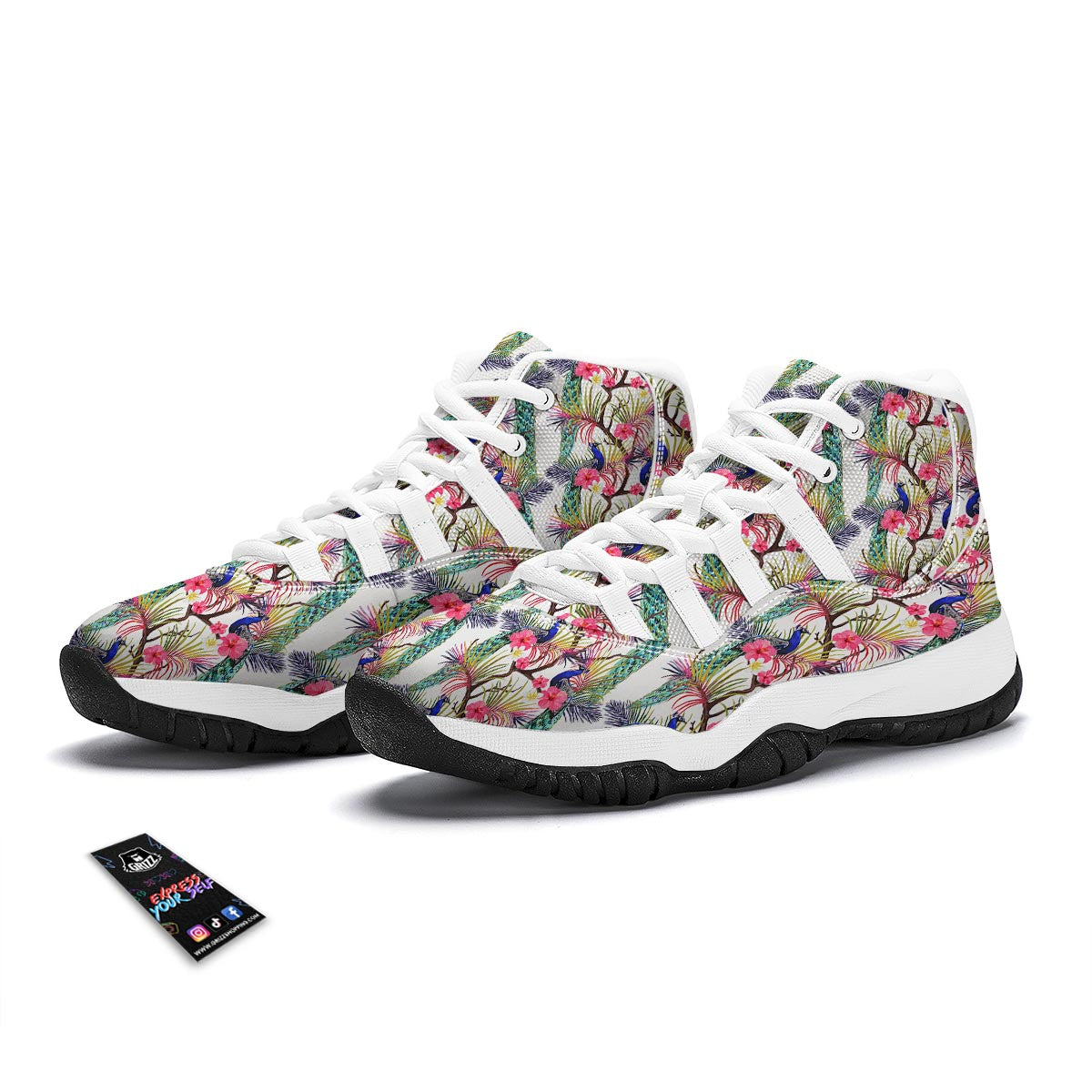 Floral Peacock Print White Bball Shoes-grizzshop