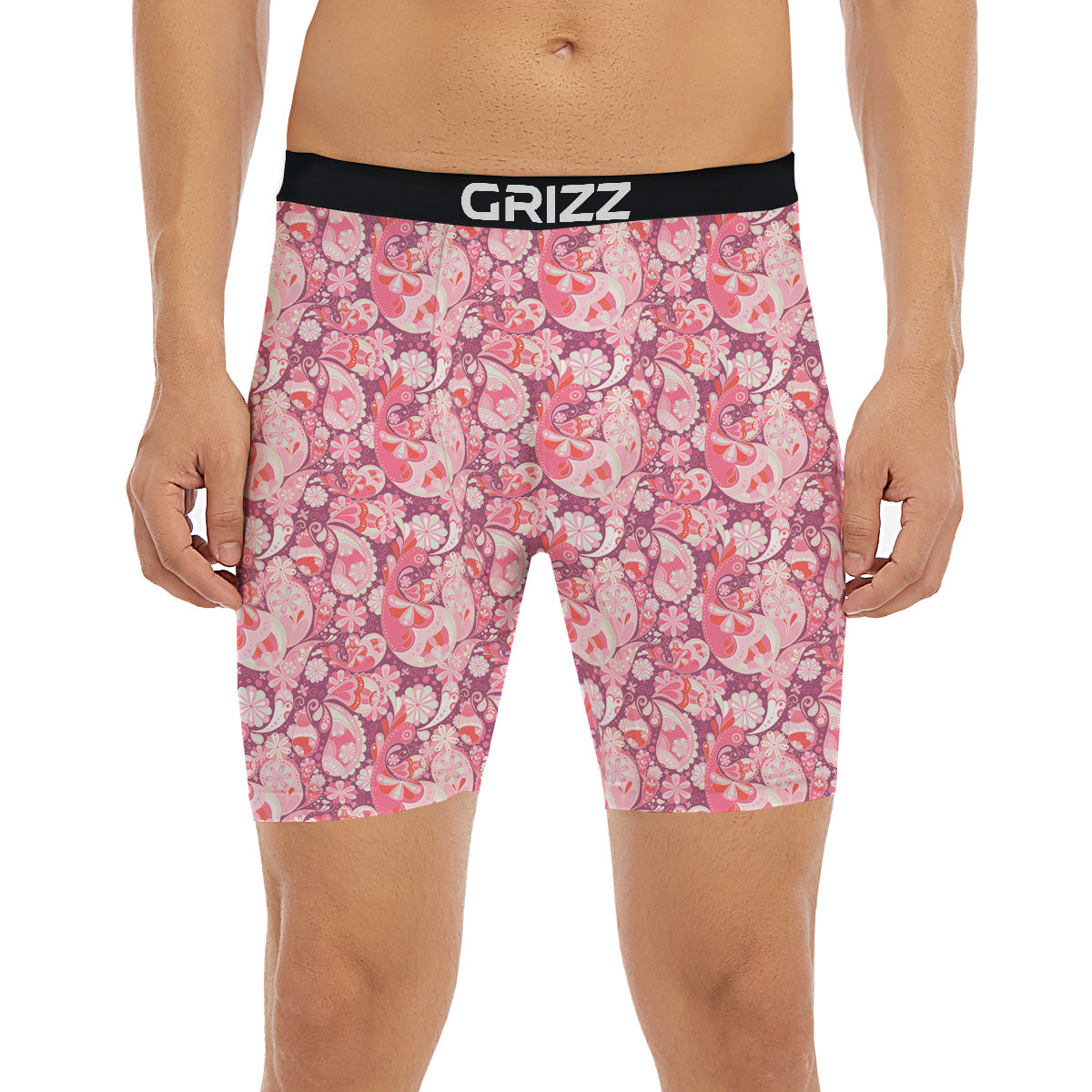 Floral Pink Paisley Print Pattern Boxer Briefs-grizzshop