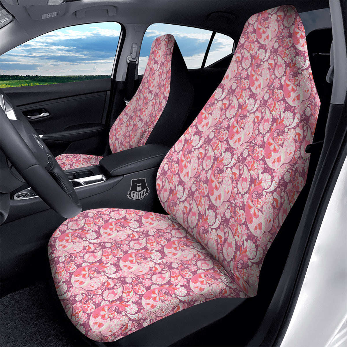 Floral Pink Paisley Print Pattern Car Seat Covers-grizzshop