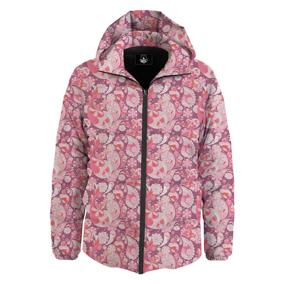 Floral Pink Paisley Print Pattern Down Jacket-grizzshop