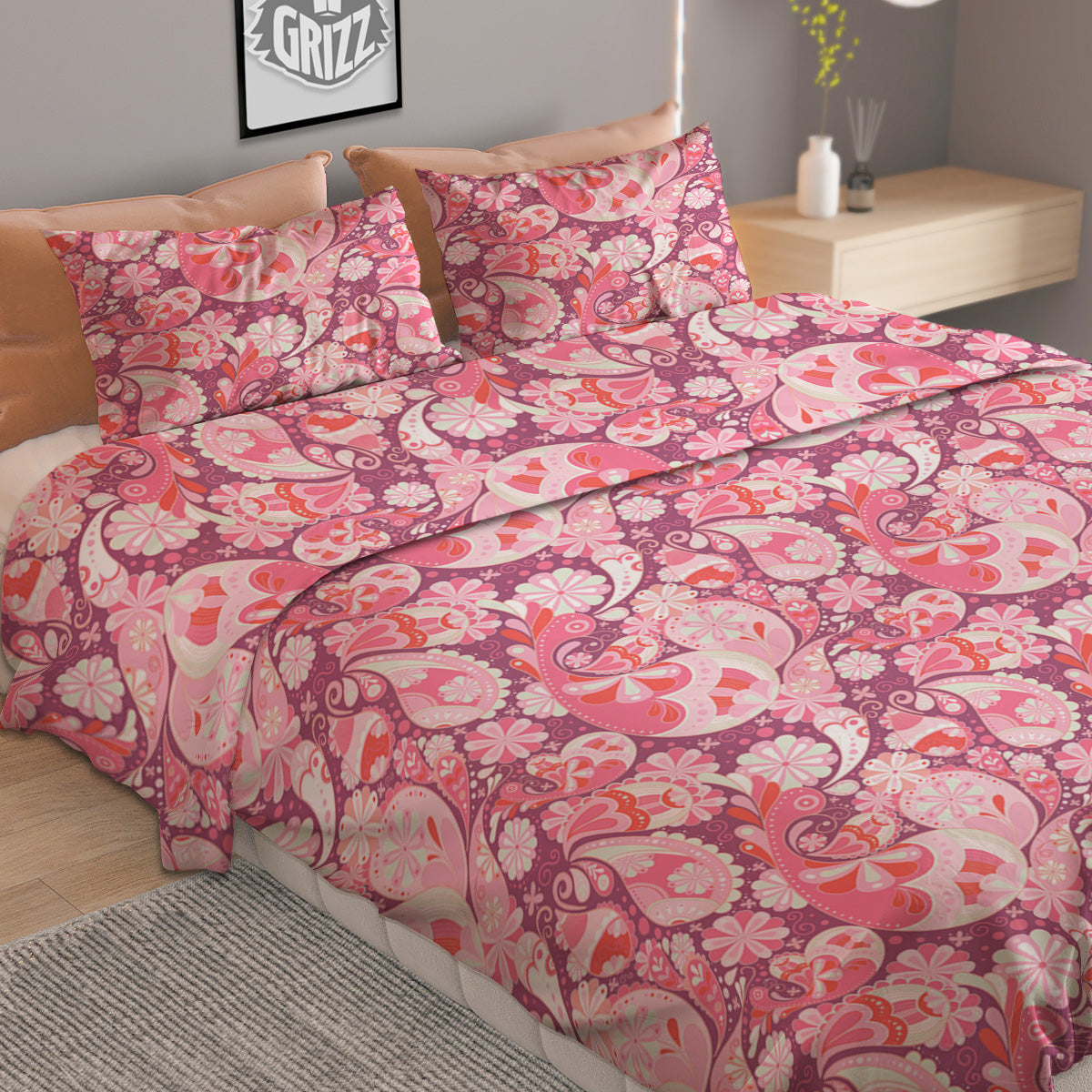 Floral Pink Paisley Print Pattern Duvet Cover Bedding Set