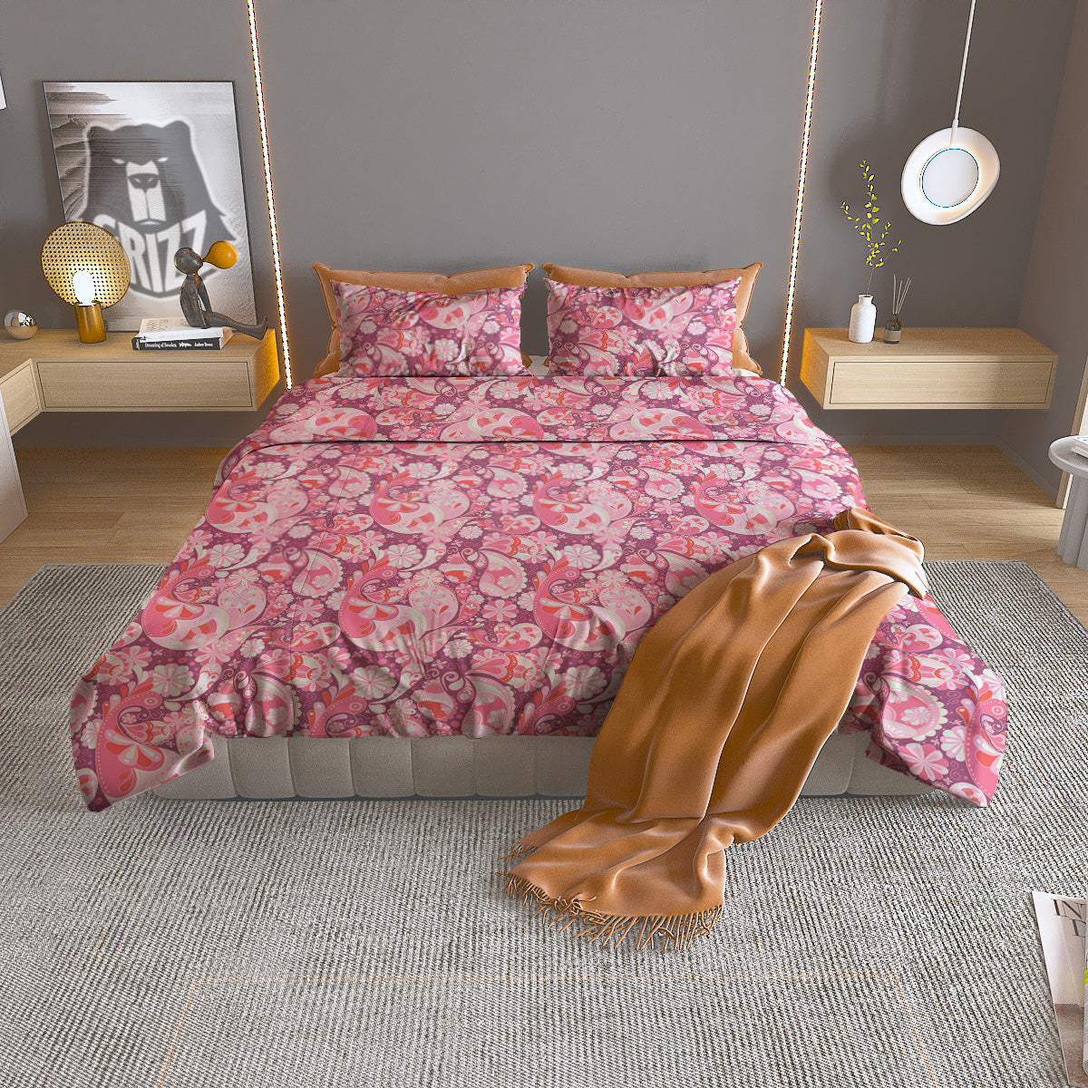 Floral Pink Paisley Print Pattern Duvet Cover Bedding Set