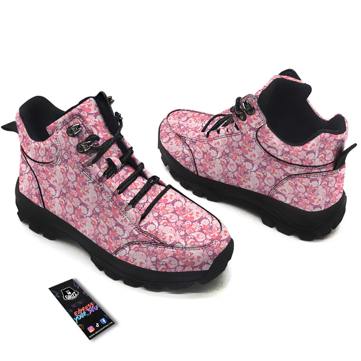 Floral Pink Paisley Print Pattern Hiking Shoes-grizzshop