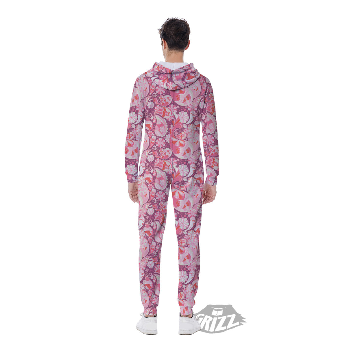 Floral Pink Paisley Print Pattern Men's Jumpsuit-grizzshop