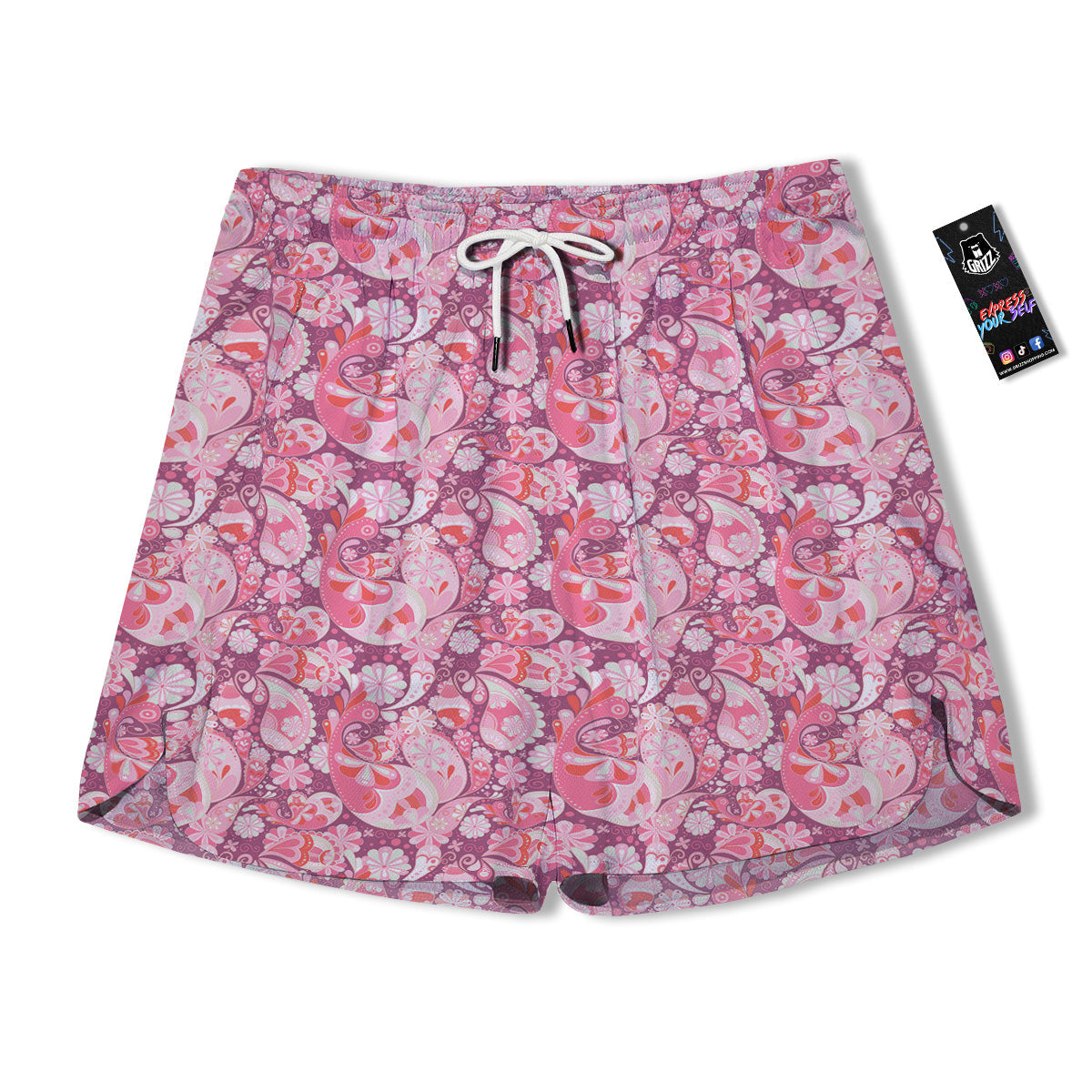 Floral Pink Paisley Print Pattern Men's Running Shorts-grizzshop