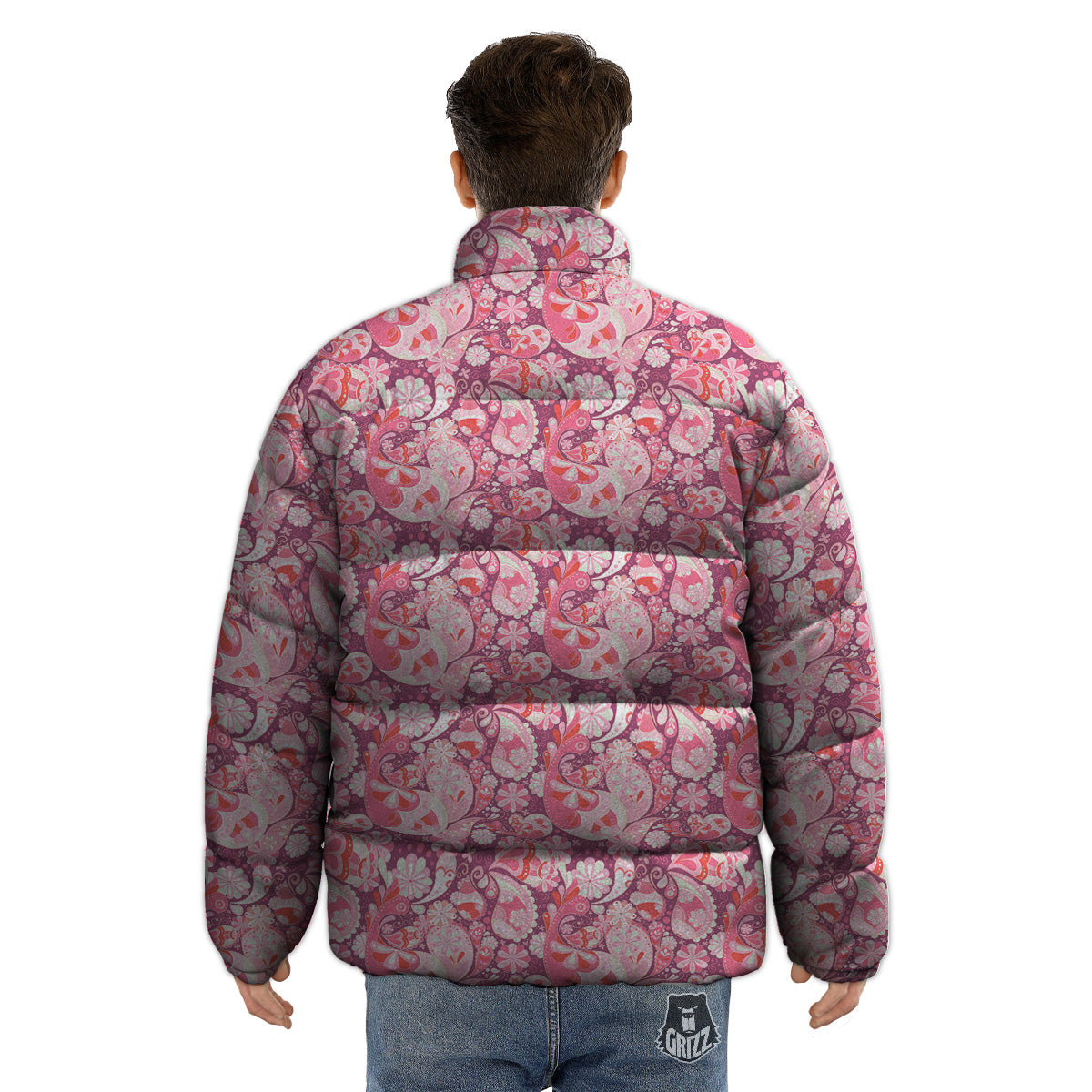 Floral Pink Paisley Print Pattern Puffer Jacket-grizzshop