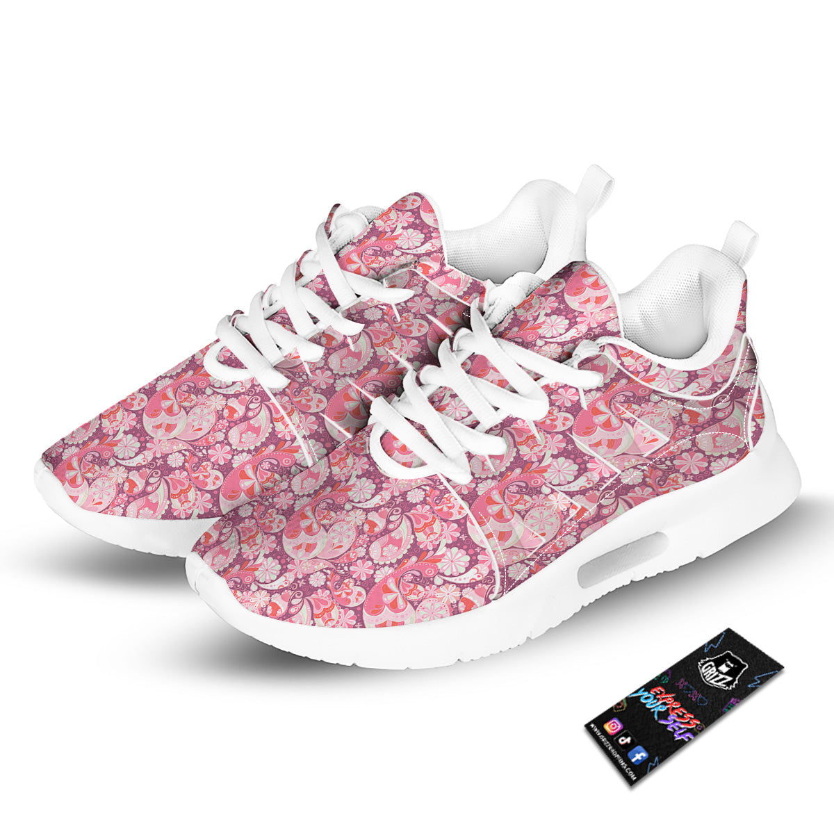 Floral Pink Paisley Print Pattern Tennis Shoes-grizzshop