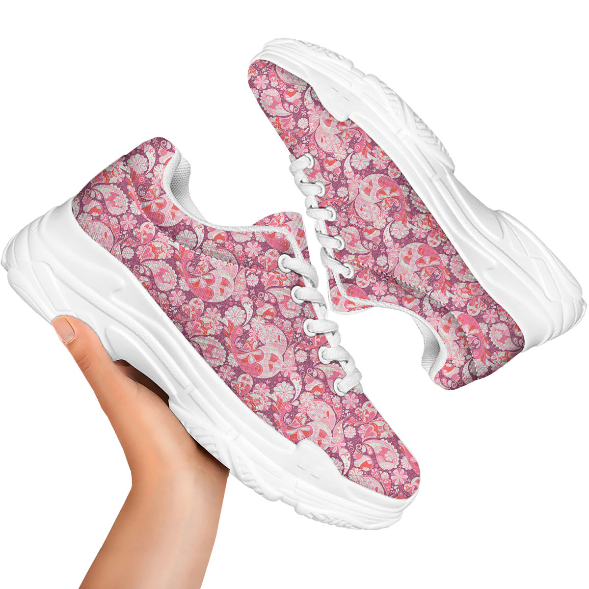 Floral Pink Paisley Print Pattern White Chunky Shoes-grizzshop