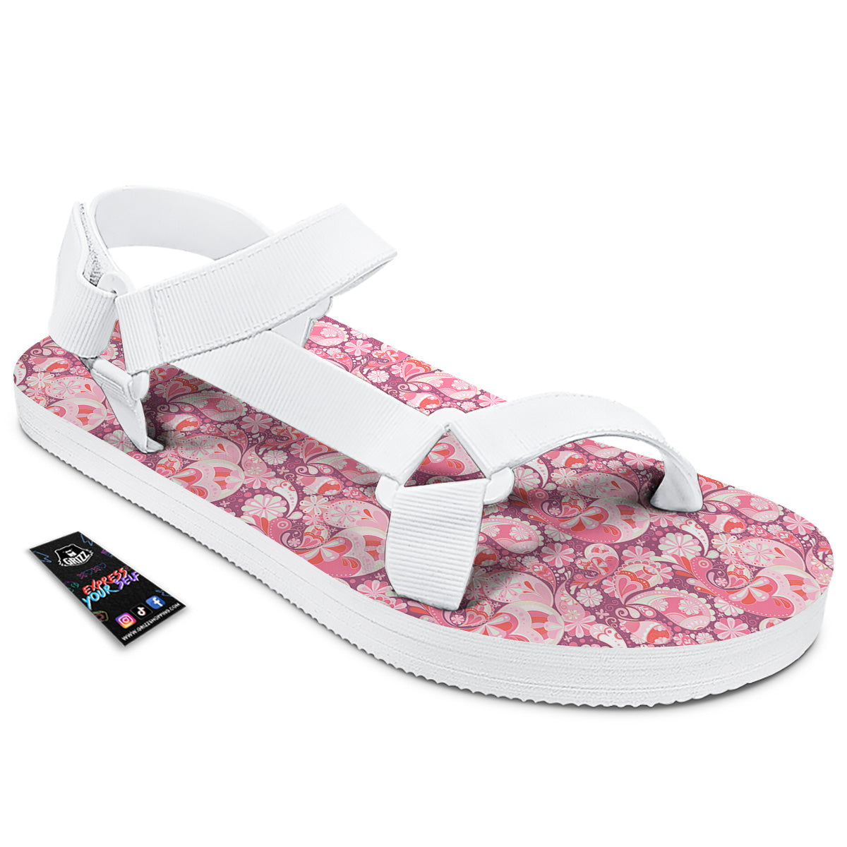 Floral Pink Paisley Print Pattern White Open Toe Sandals-grizzshop