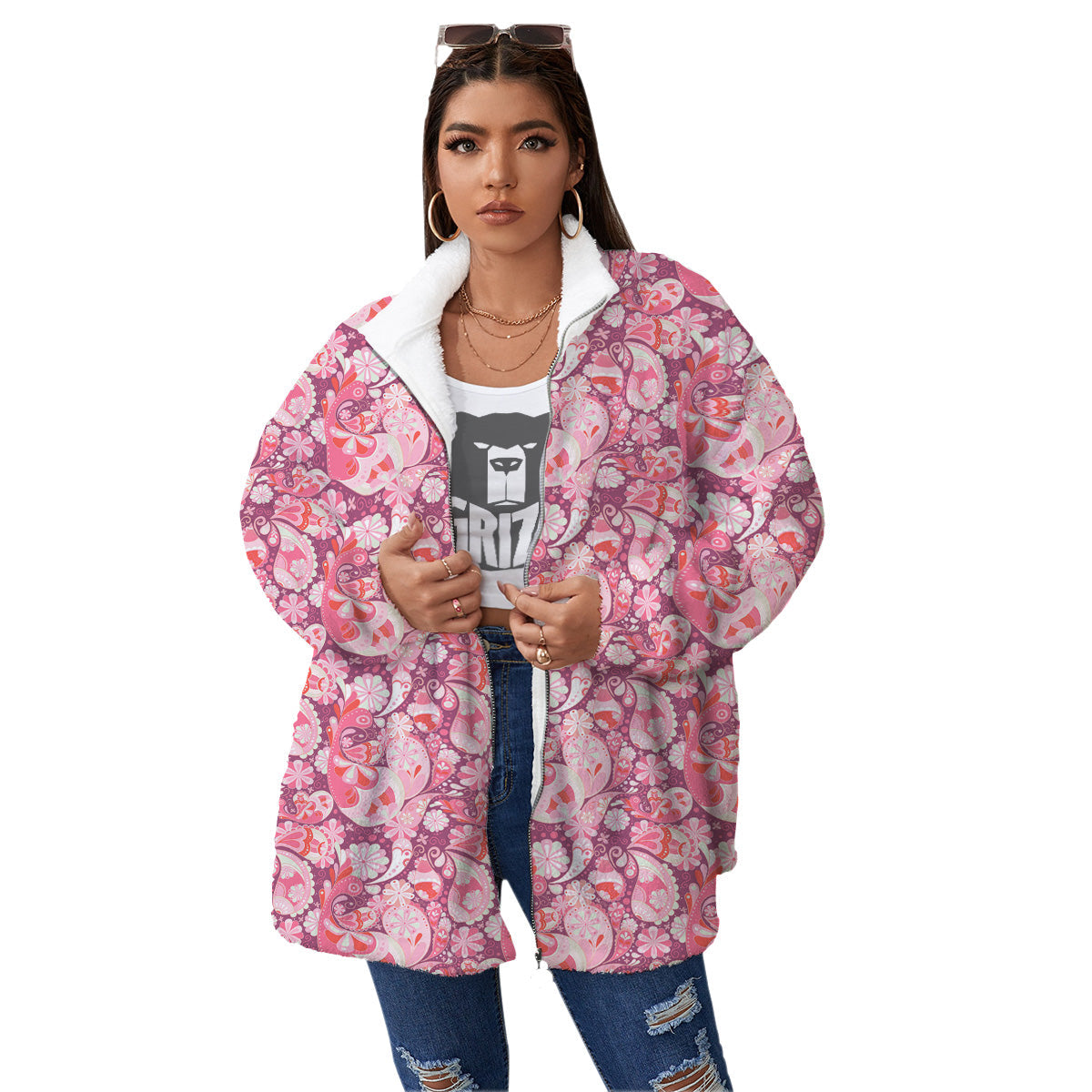 Floral Pink Paisley Print Pattern Women's Sherpa Jacket-grizzshop