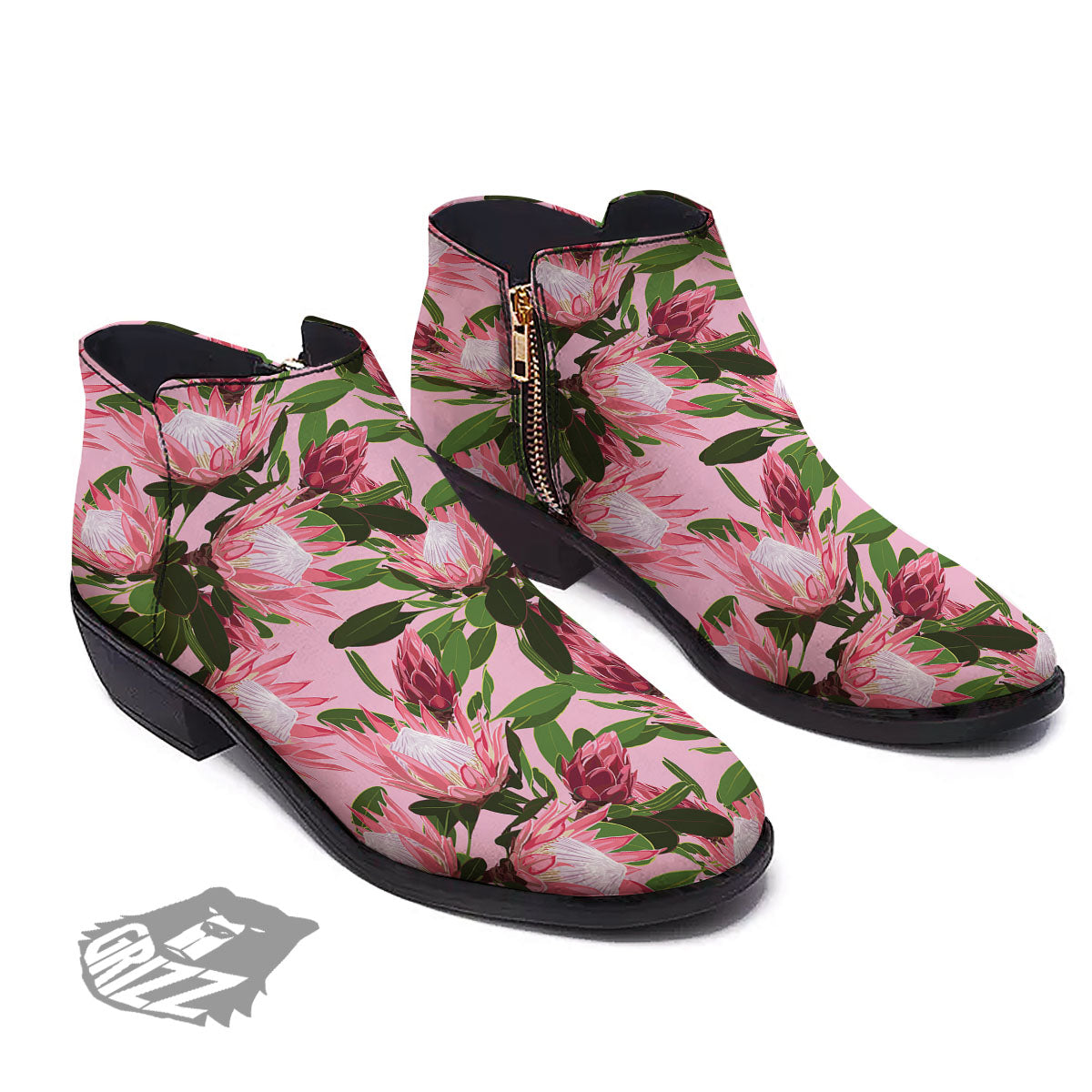 Floral Protea Print Pattern Ankle Boots-grizzshop