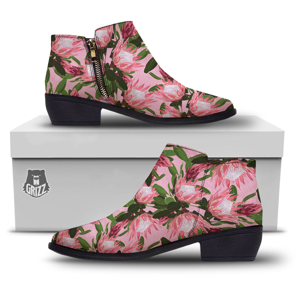 Floral Protea Print Pattern Ankle Boots-grizzshop