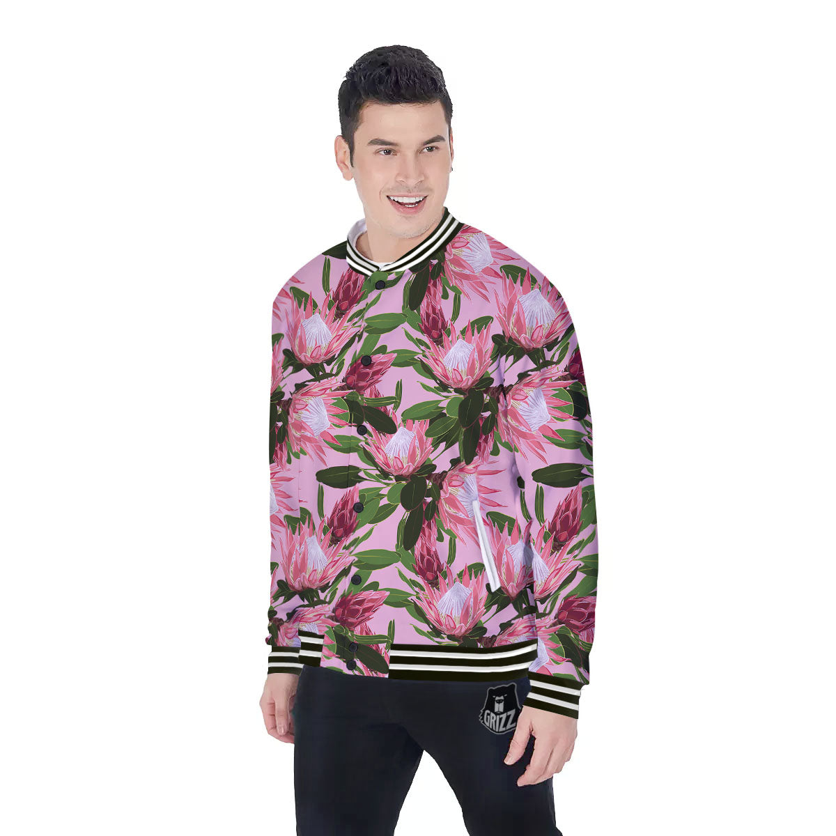 Floral Protea Print Pattern Baseball Jacket-grizzshop