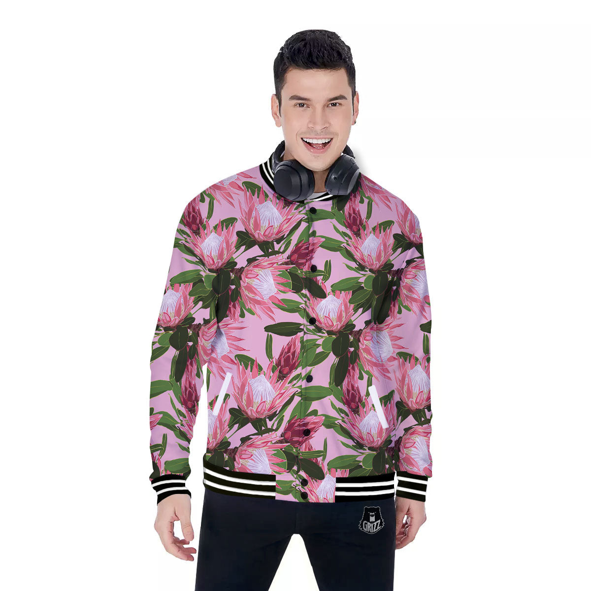 Floral Protea Print Pattern Baseball Jacket-grizzshop
