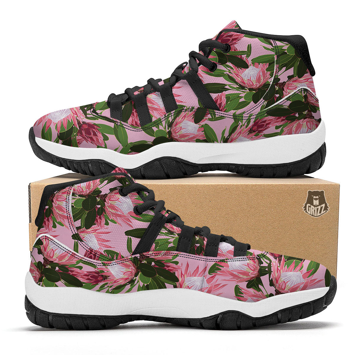 Floral Protea Print Pattern Black Bball Shoes-grizzshop