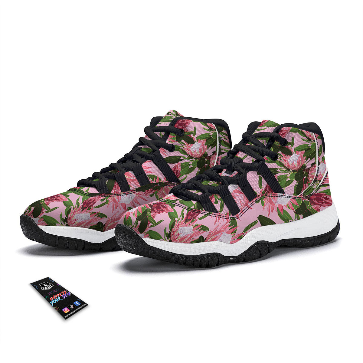 Floral Protea Print Pattern Black Bball Shoes-grizzshop