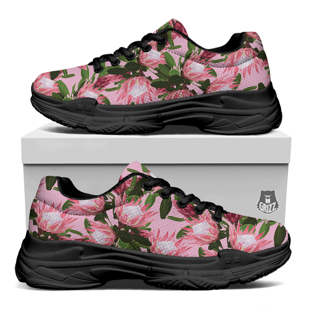 Floral Protea Print Pattern Black Chunky Shoes-grizzshop