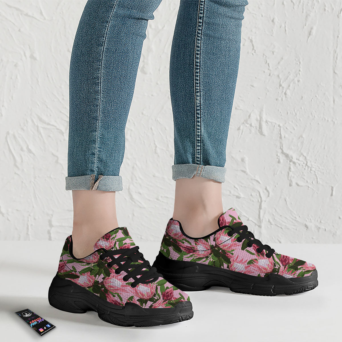 Floral Protea Print Pattern Black Chunky Shoes-grizzshop