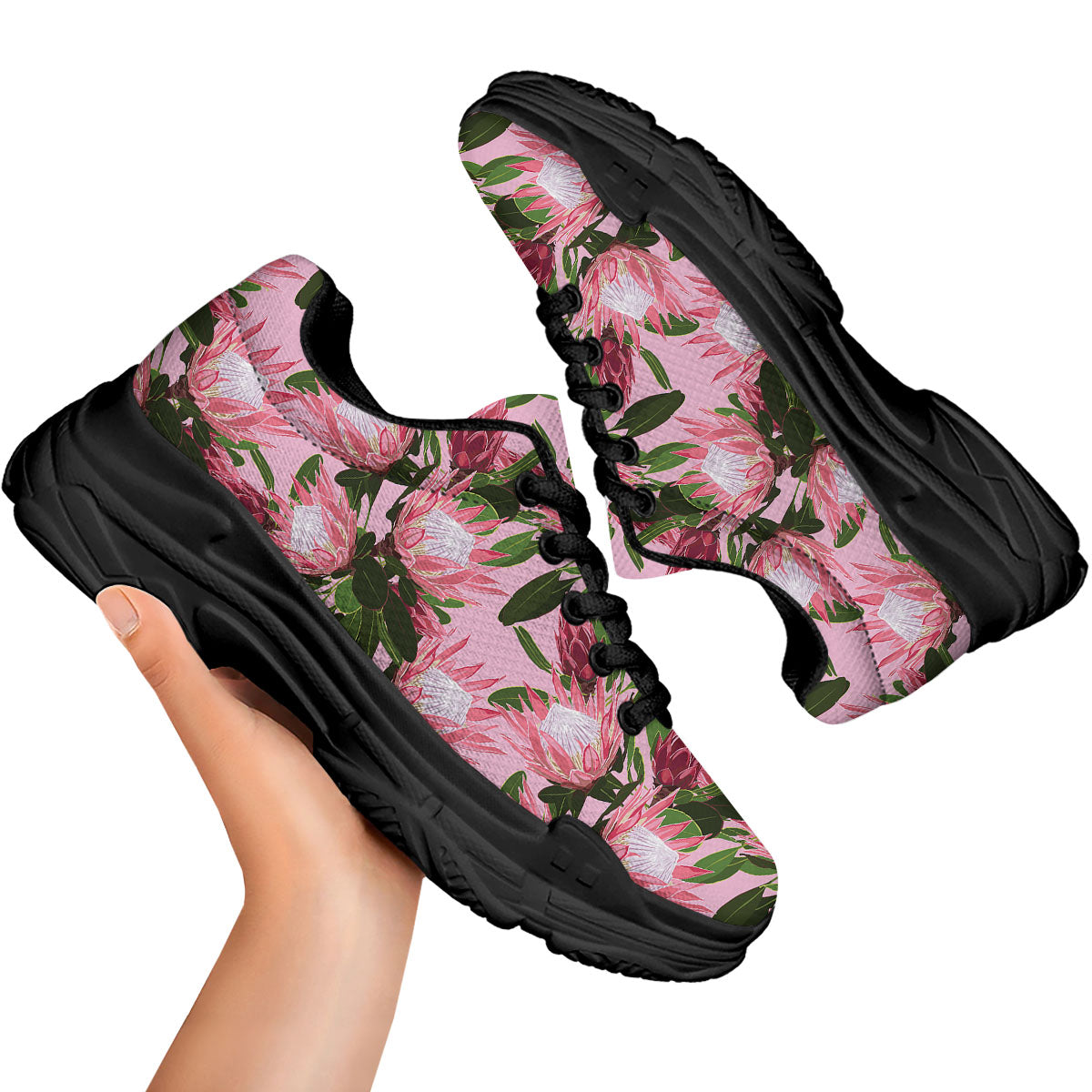 Floral Protea Print Pattern Black Chunky Shoes-grizzshop
