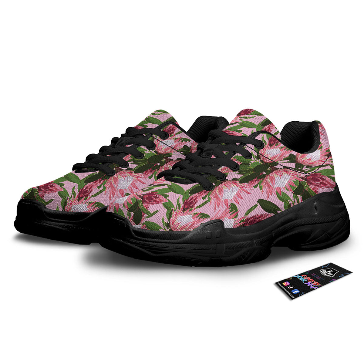 Floral Protea Print Pattern Black Chunky Shoes-grizzshop