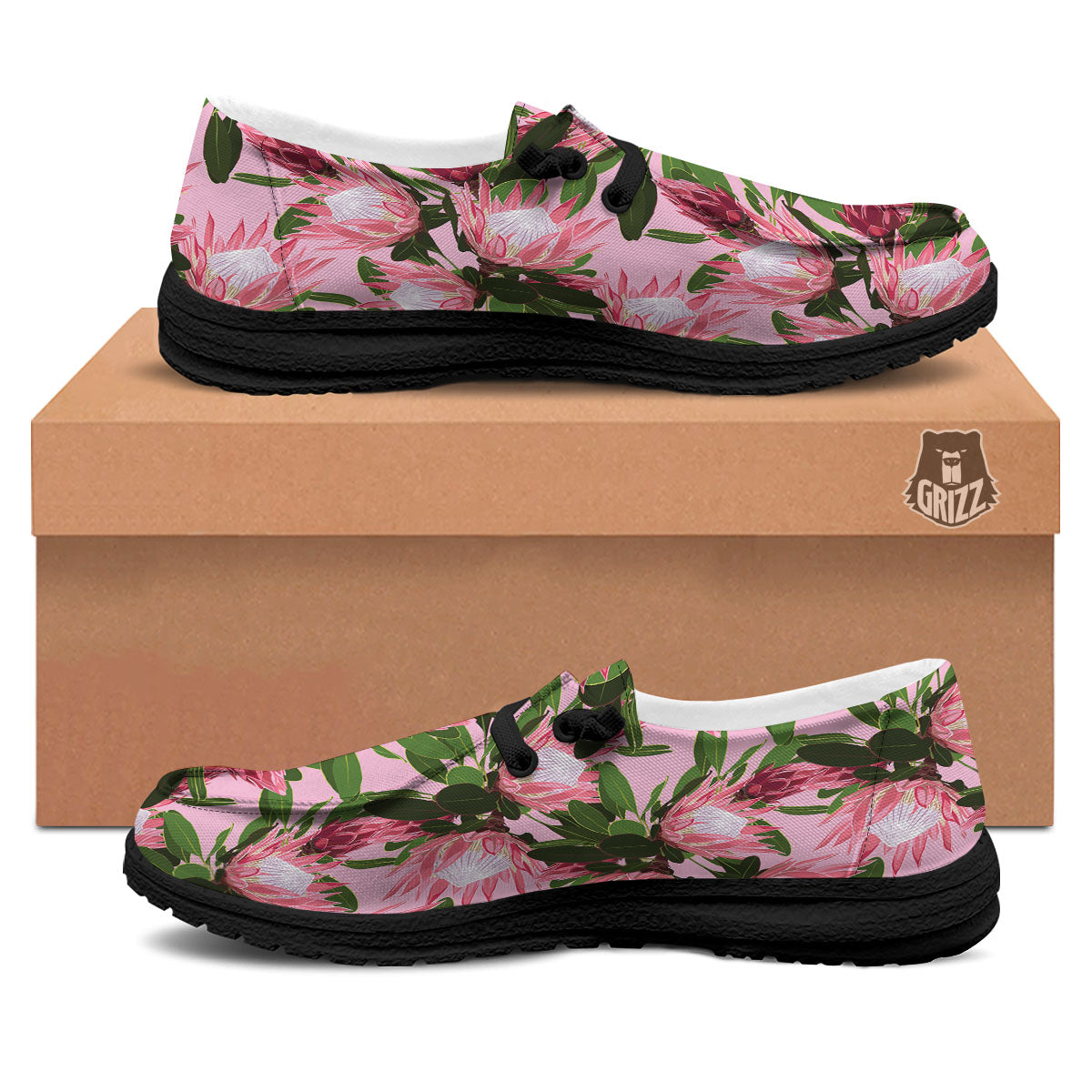Floral Protea Print Pattern Black Loafers-grizzshop