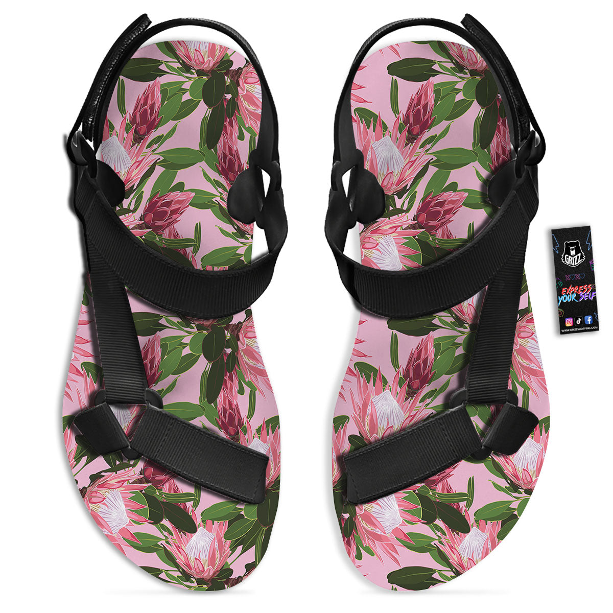 Floral Protea Print Pattern Black Open Toe Sandals-grizzshop