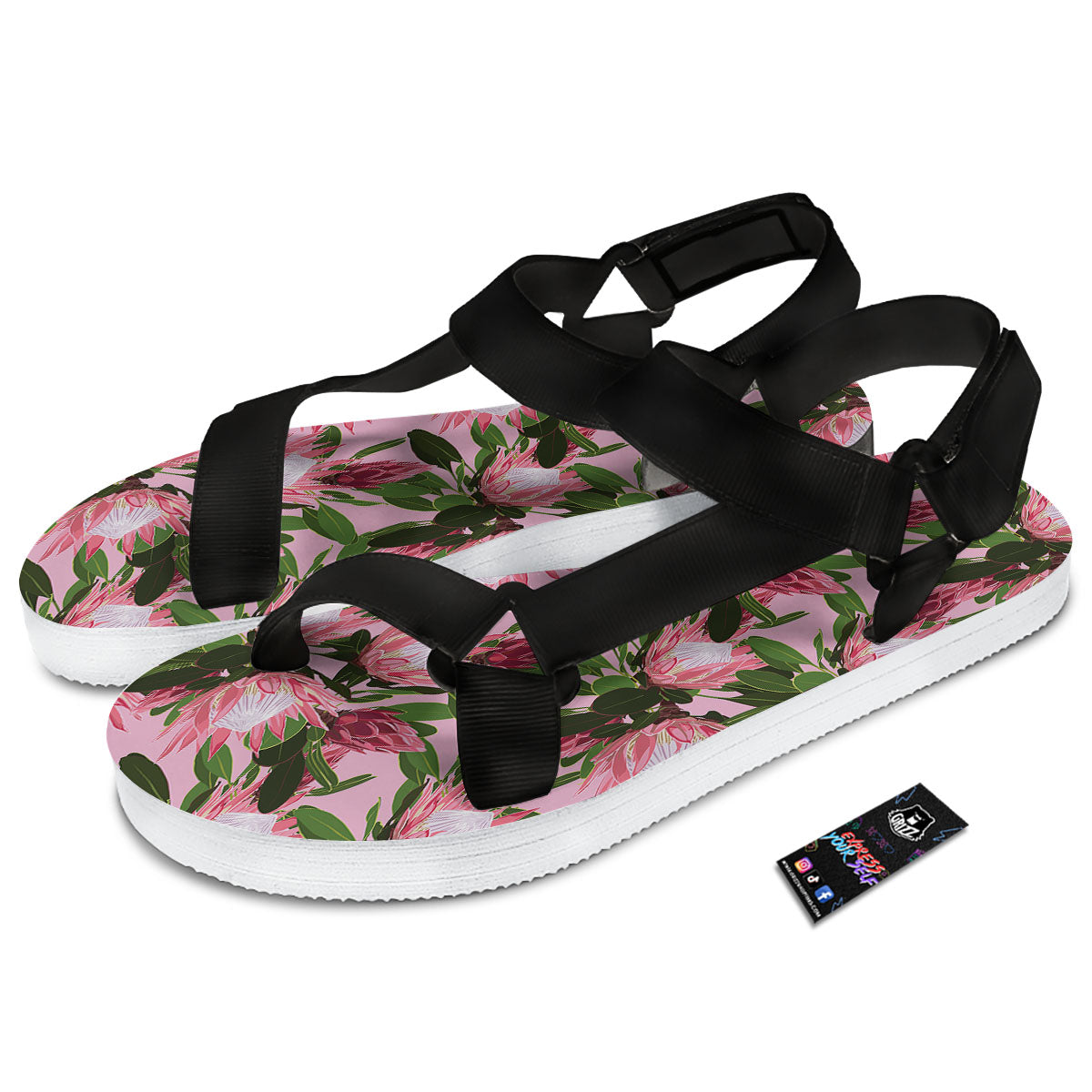 Floral Protea Print Pattern Black Open Toe Sandals-grizzshop