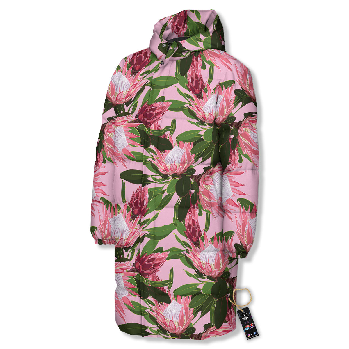 Floral Protea Print Pattern Long Down Jacket-grizzshop
