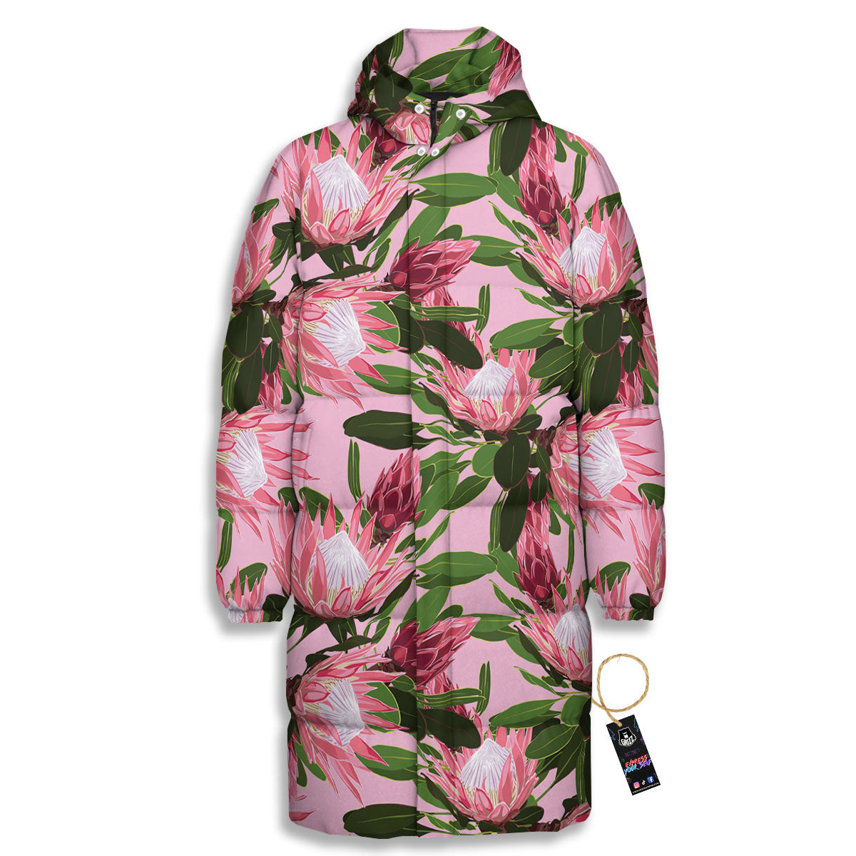 Floral Protea Print Pattern Long Down Jacket-grizzshop