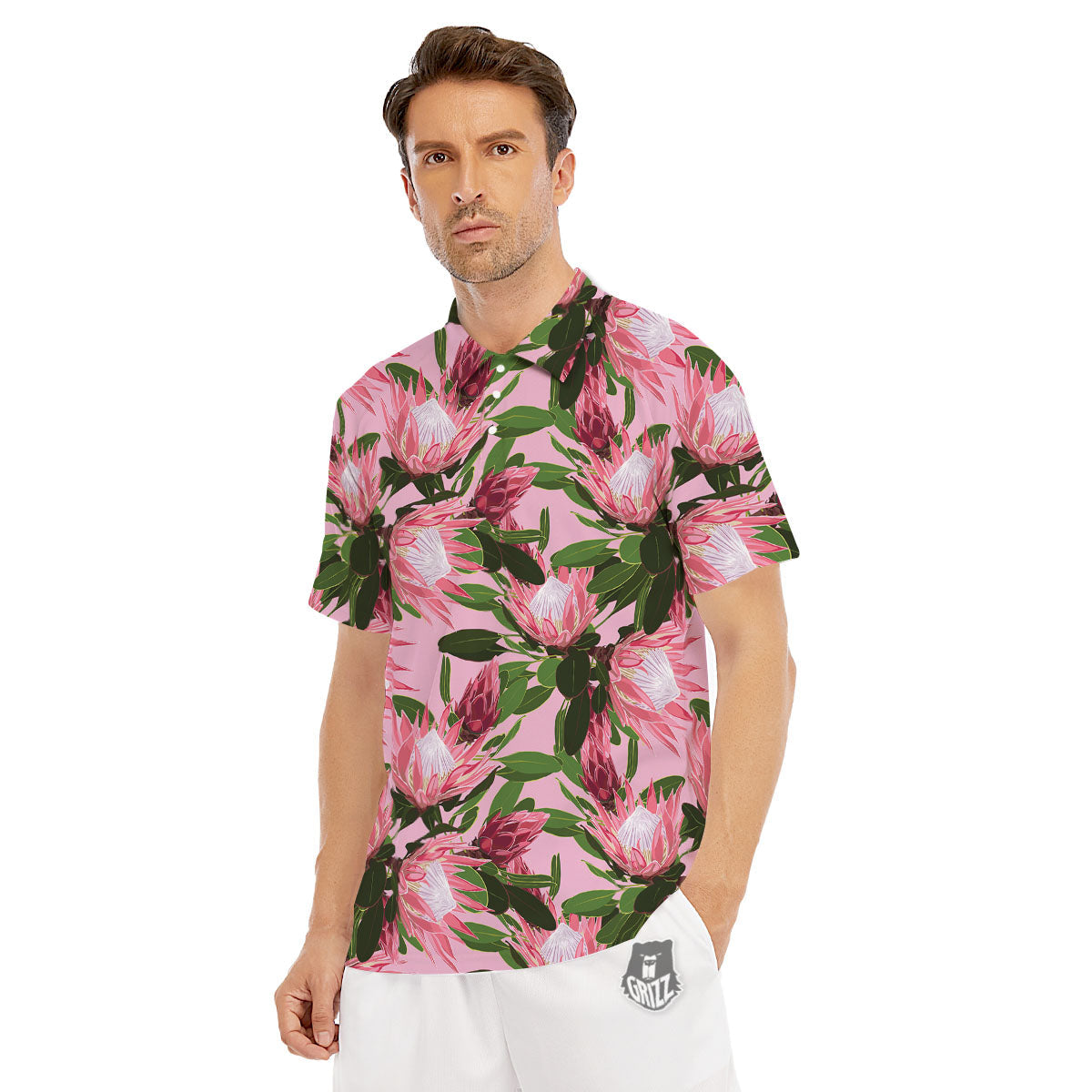 Floral Protea Print Pattern Men's Golf Shirts-grizzshop