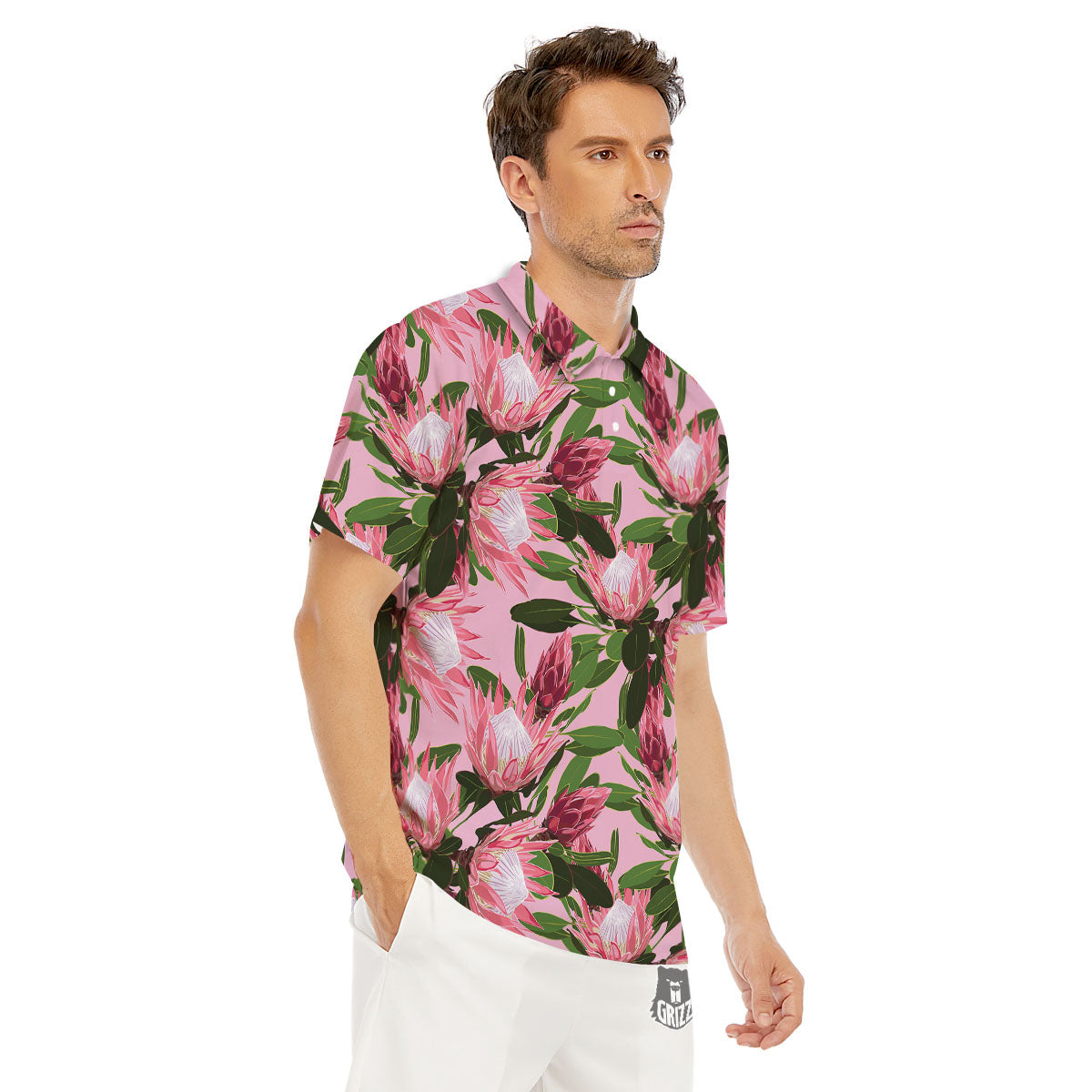 Floral Protea Print Pattern Men's Golf Shirts-grizzshop