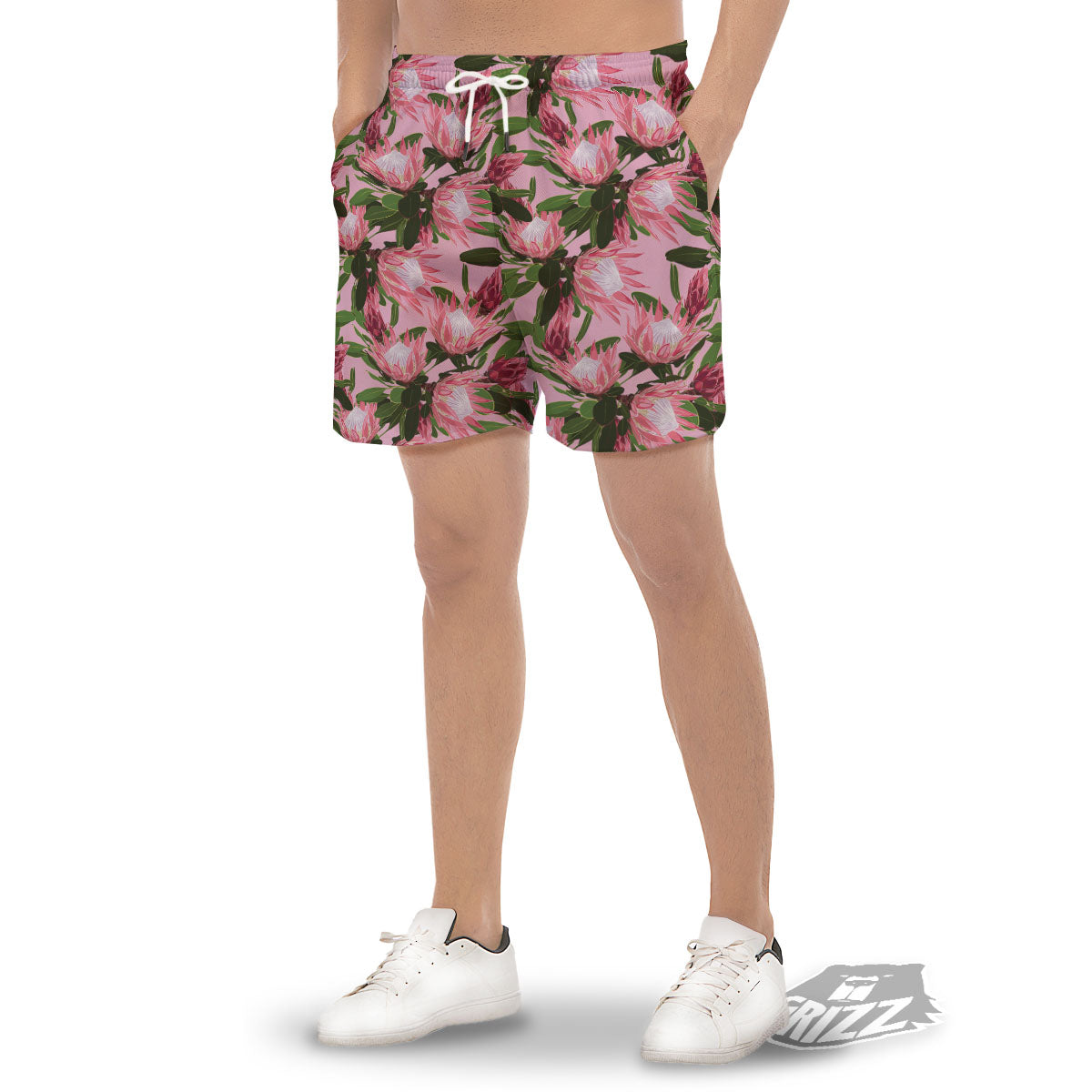 Floral Protea Print Pattern Men's Gym Shorts-grizzshop