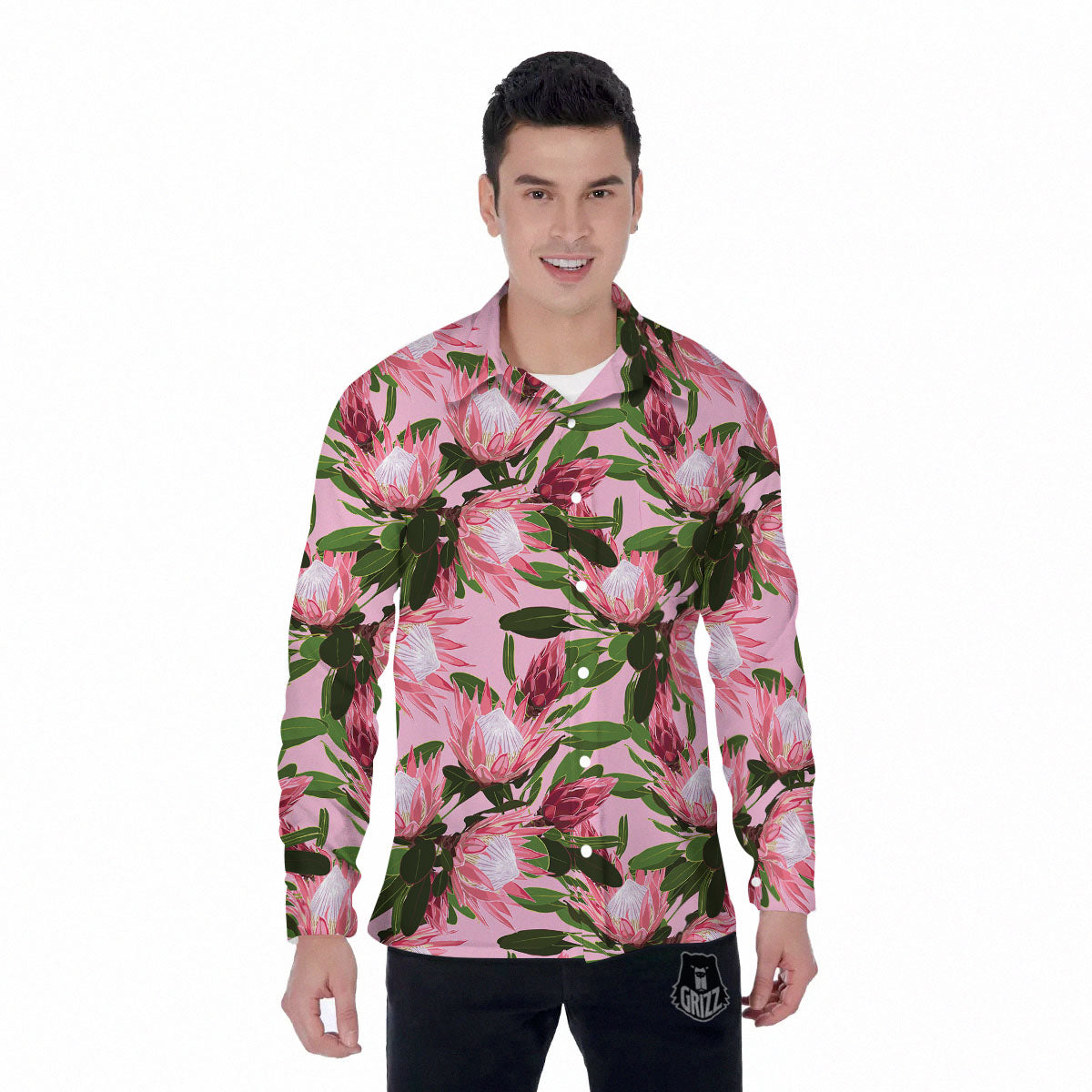 Floral Protea Print Pattern Men's Long Sleeve Shirts-grizzshop