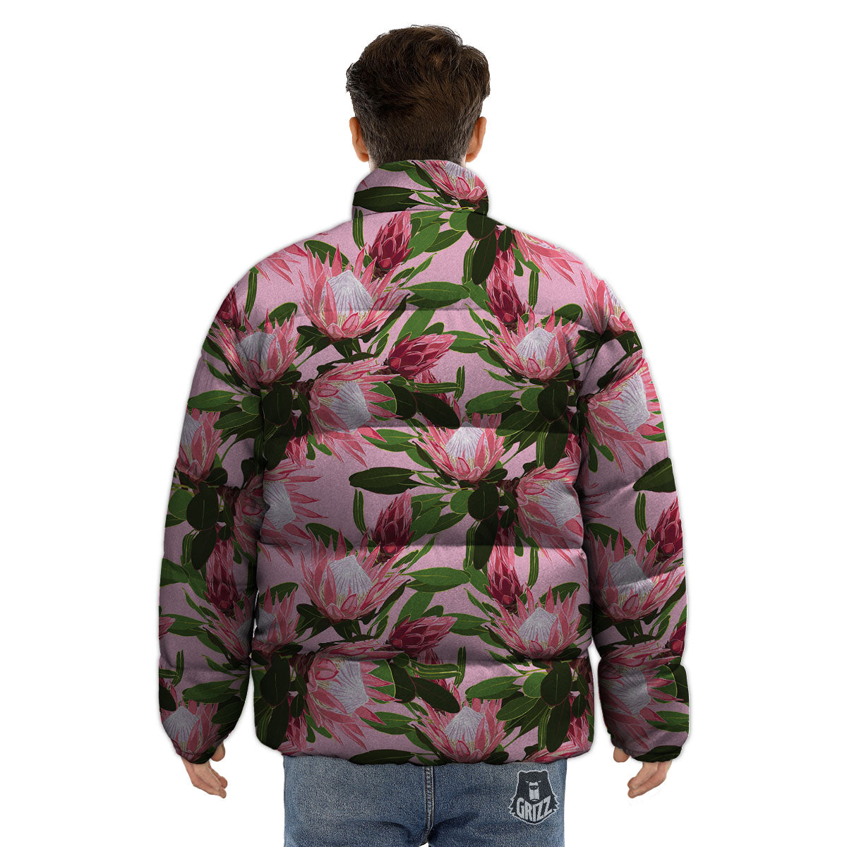 Floral Protea Print Pattern Puffer Jacket-grizzshop