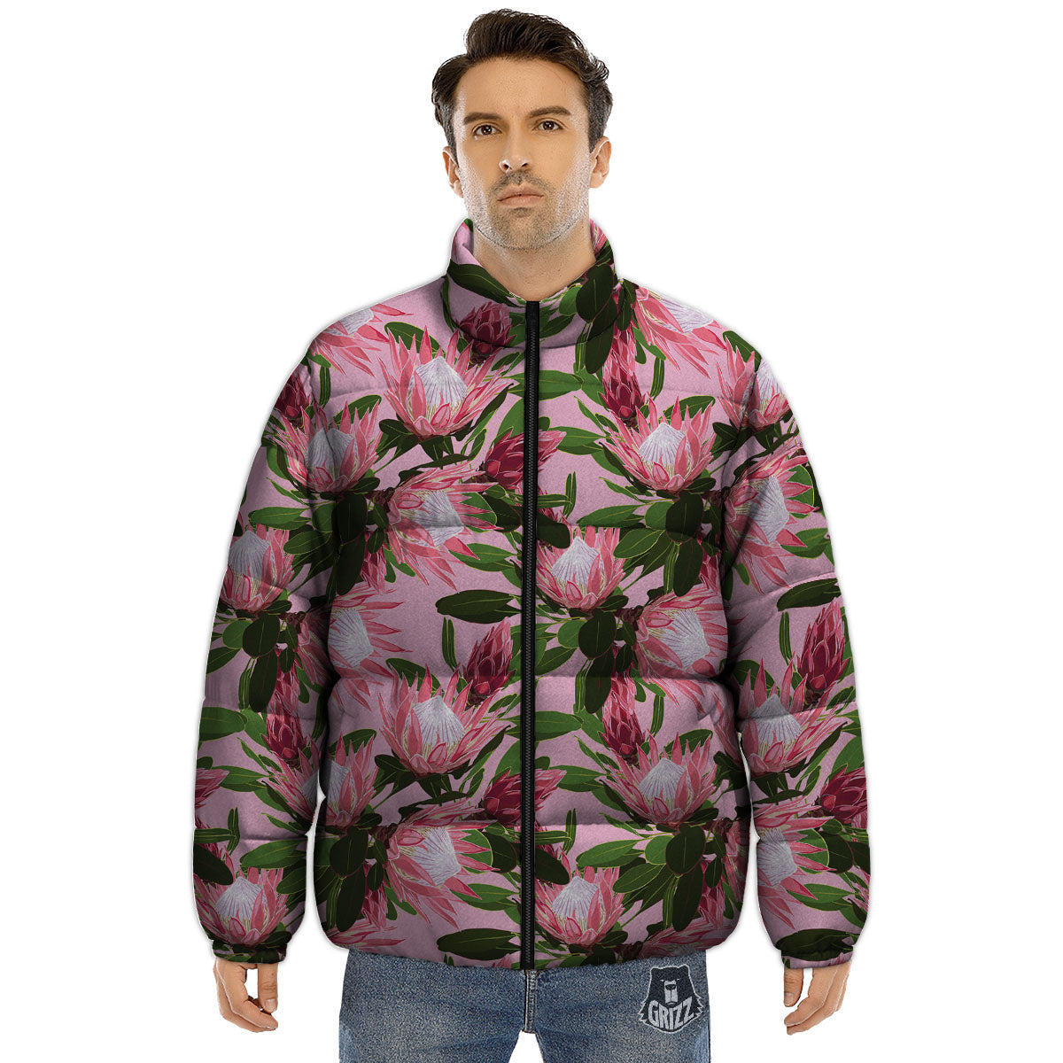 Floral Protea Print Pattern Puffer Jacket-grizzshop